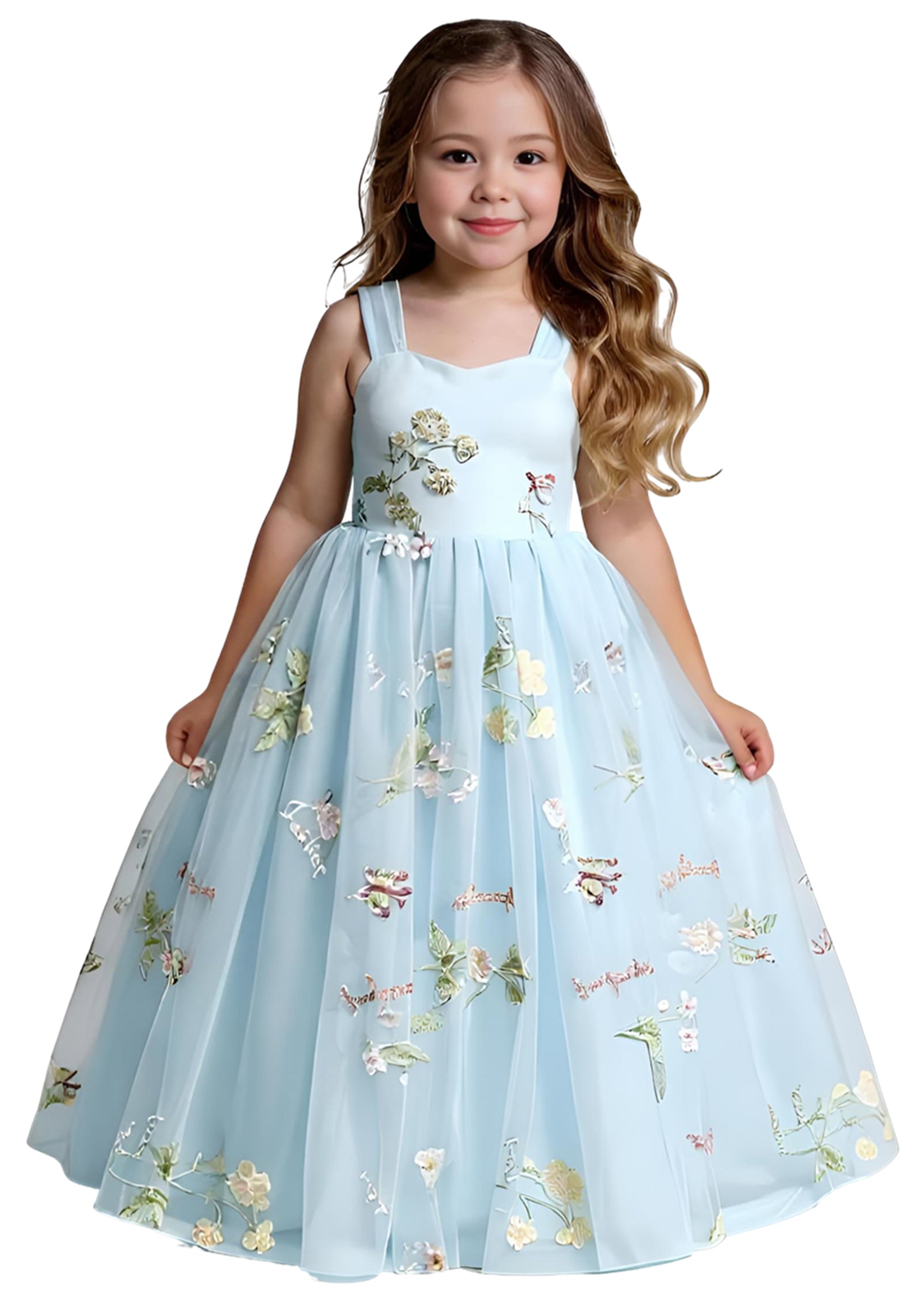 Girls' Floral Embroidered Tulle Strap Sleeveless Maxi Dress in Blue