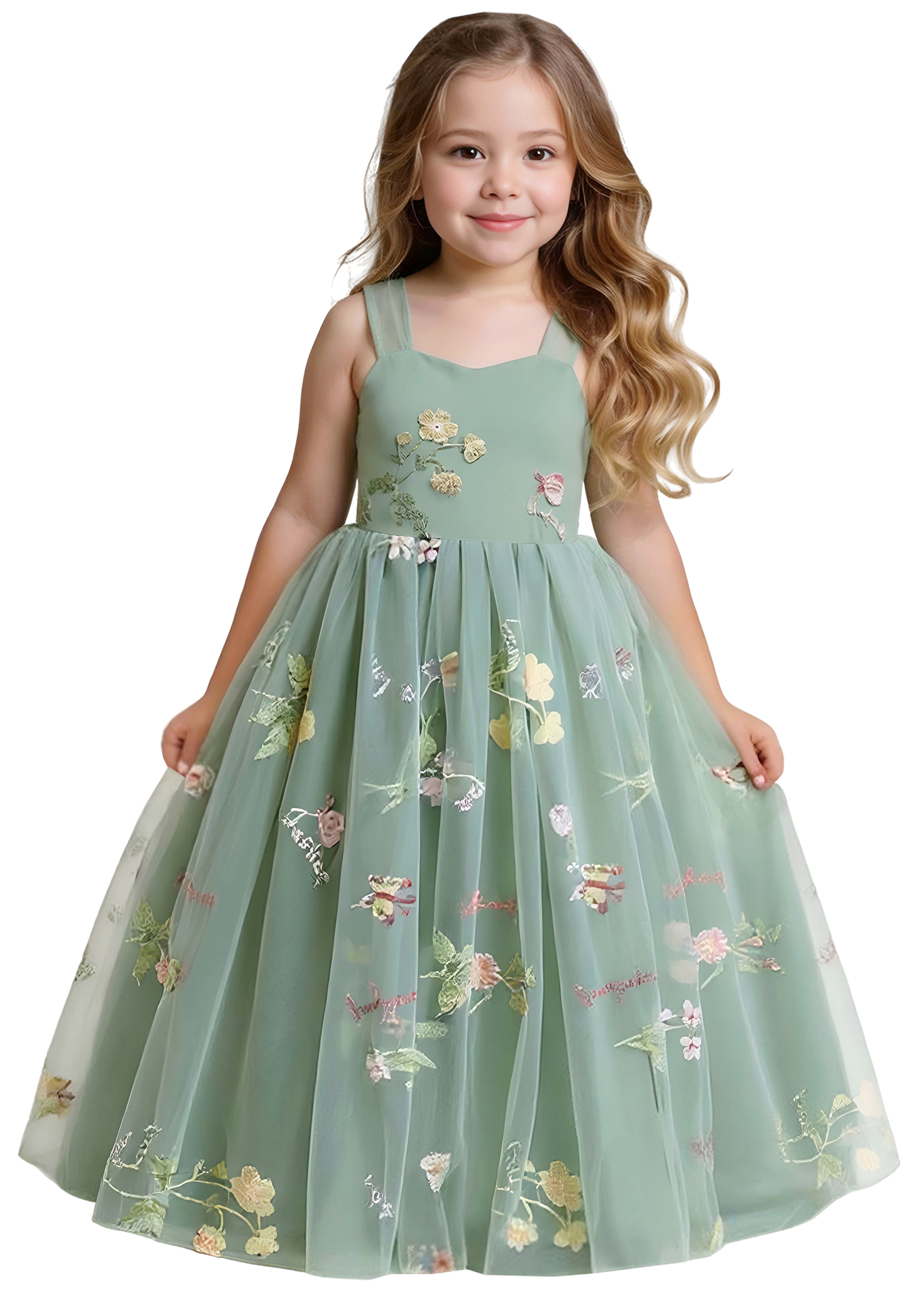 2Bunnies Girls' Floral Garden Embroidered Tulle Strap Flower Girl Dress Maxi