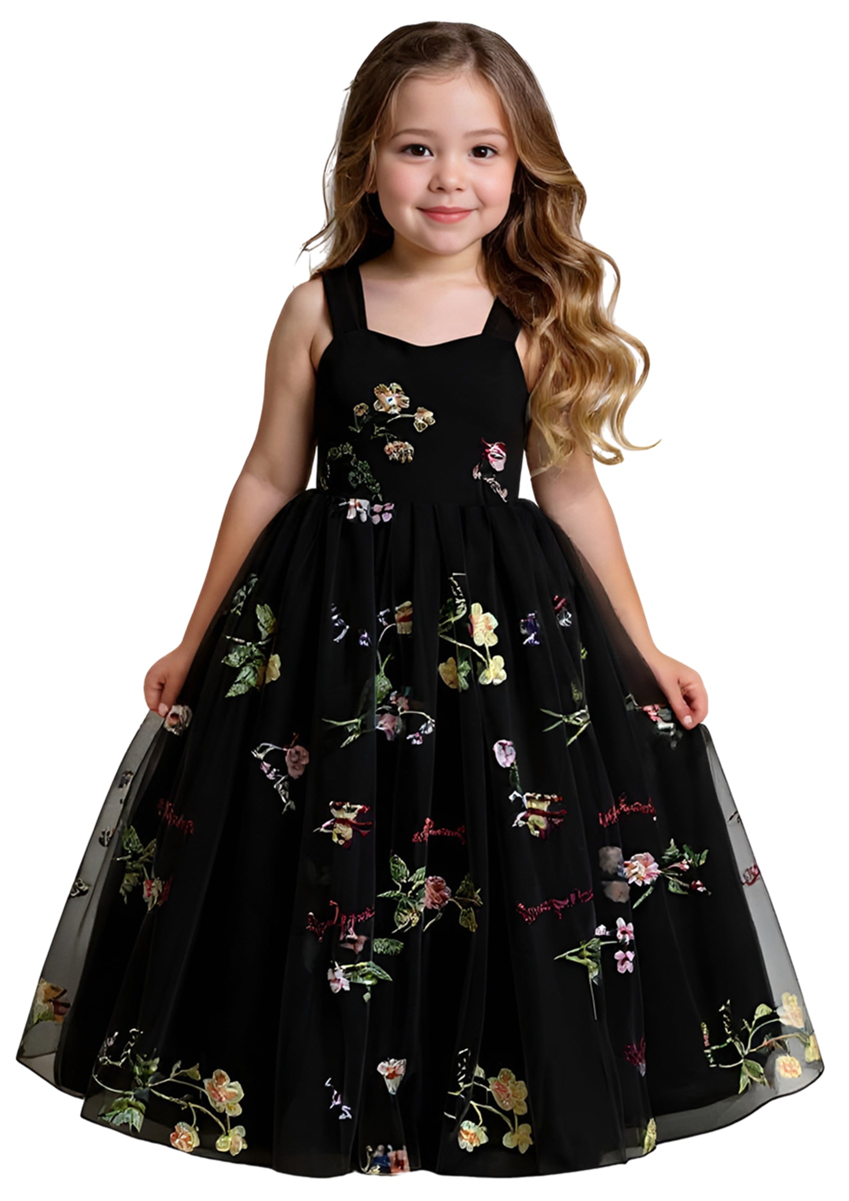 Girls' Floral Embroidered Tulle Strap Sleeveless Maxi Dress in Black