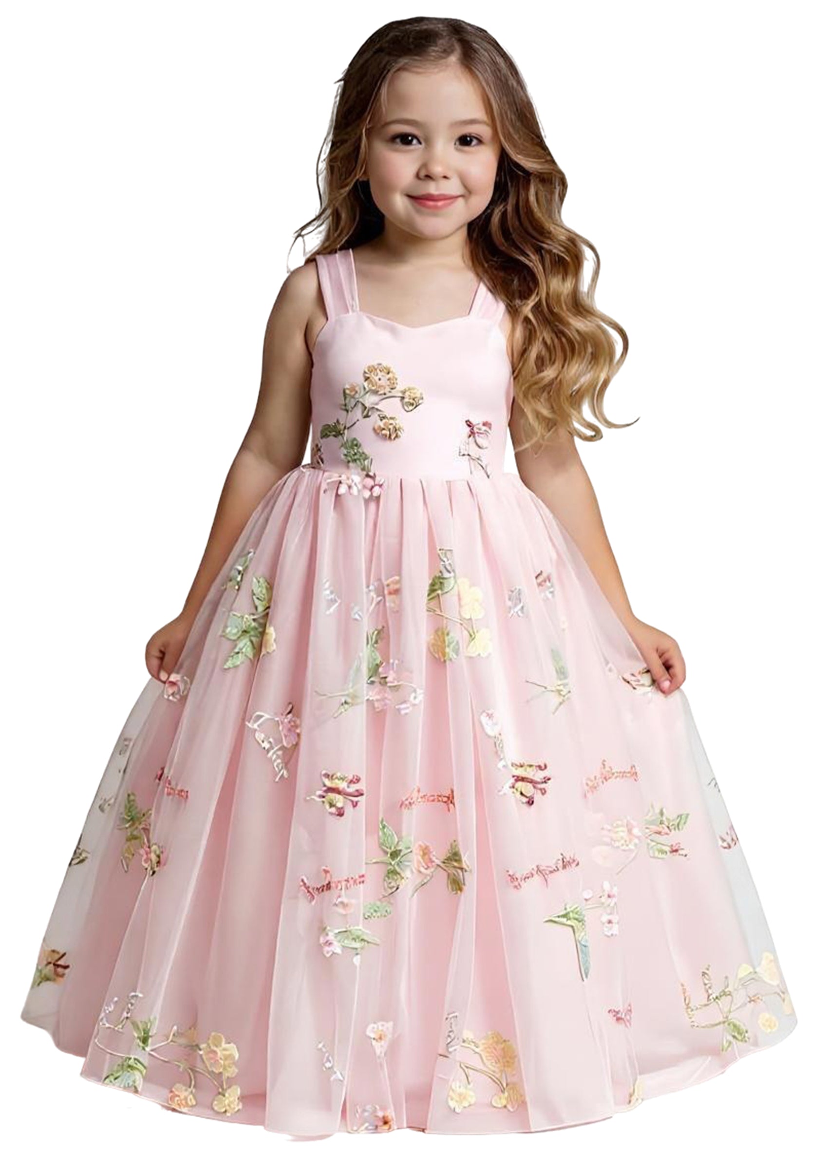 Girls' Floral Embroidered Tulle Strap Sleeveless Maxi Dress in Pink