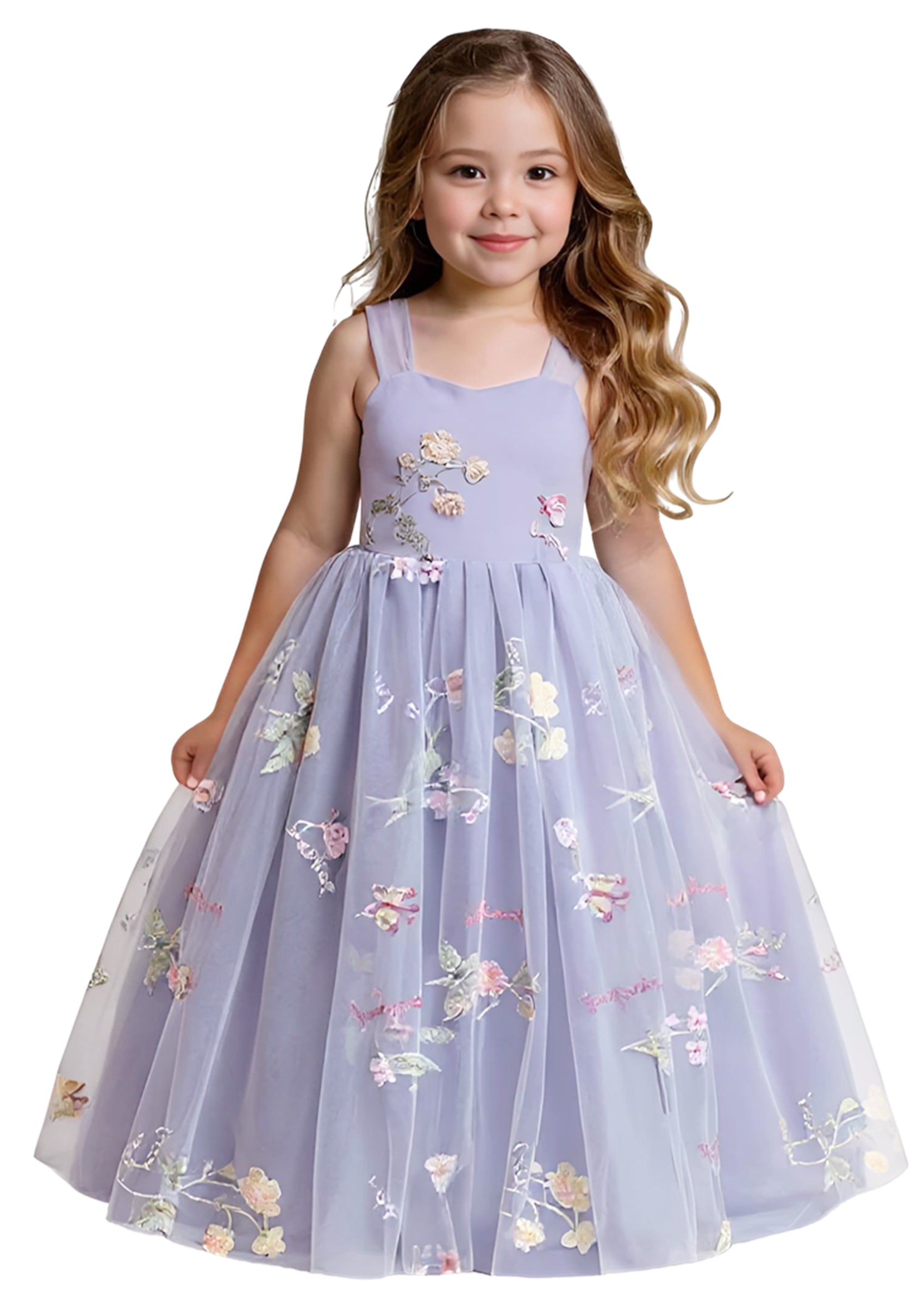 Girls' Floral Embroidered Tulle Strap Sleeveless Maxi Dress in Purple