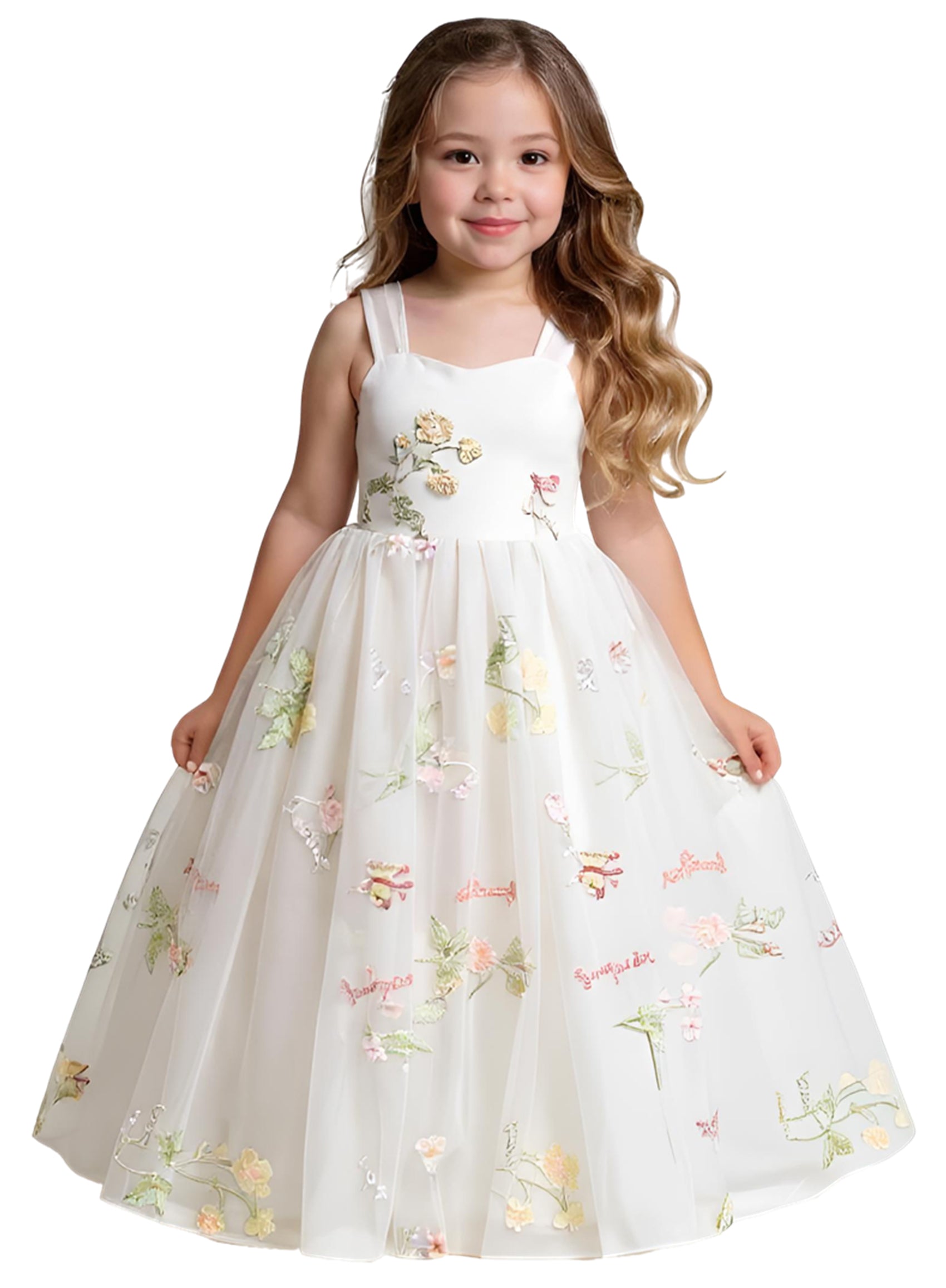 Girls' Floral Embroidered Tulle Strap Sleeveless Maxi Dress in White