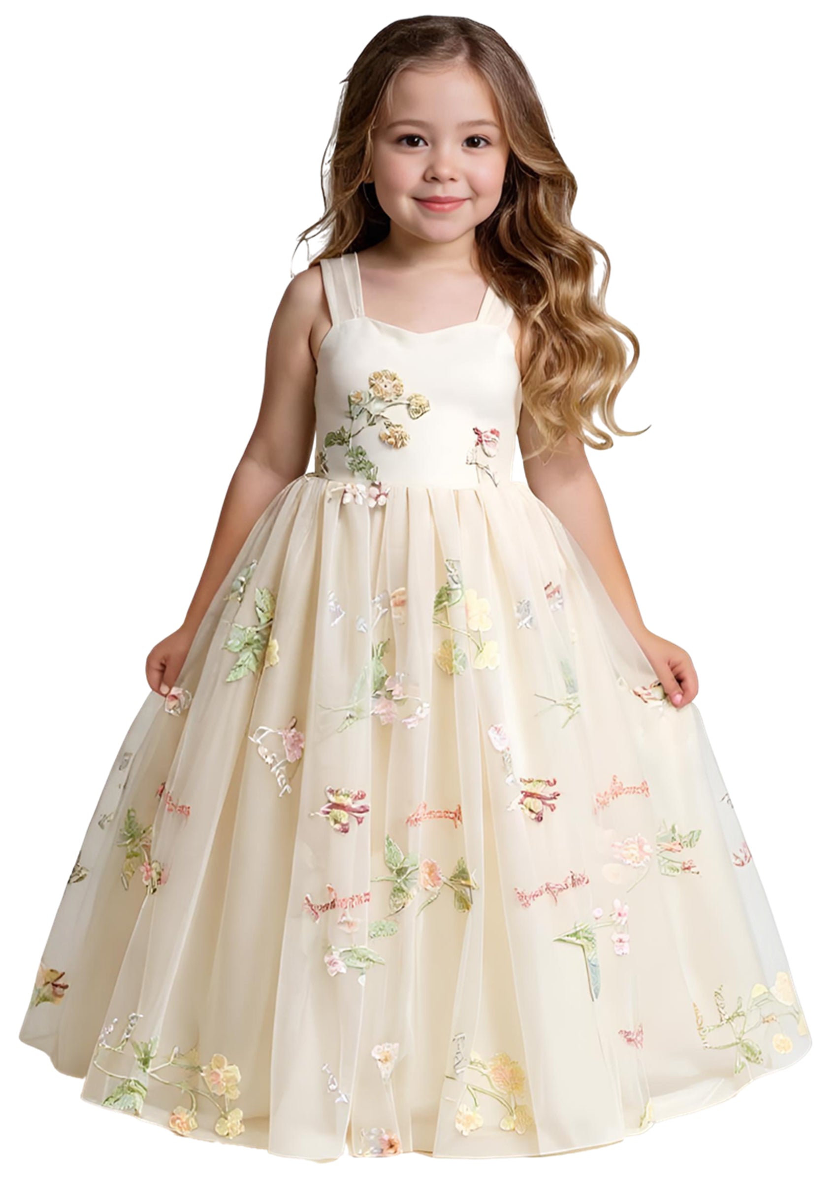 2Bunnies Girls' Floral Garden Embroidered Tulle Strap Flower Girl Dress Maxi