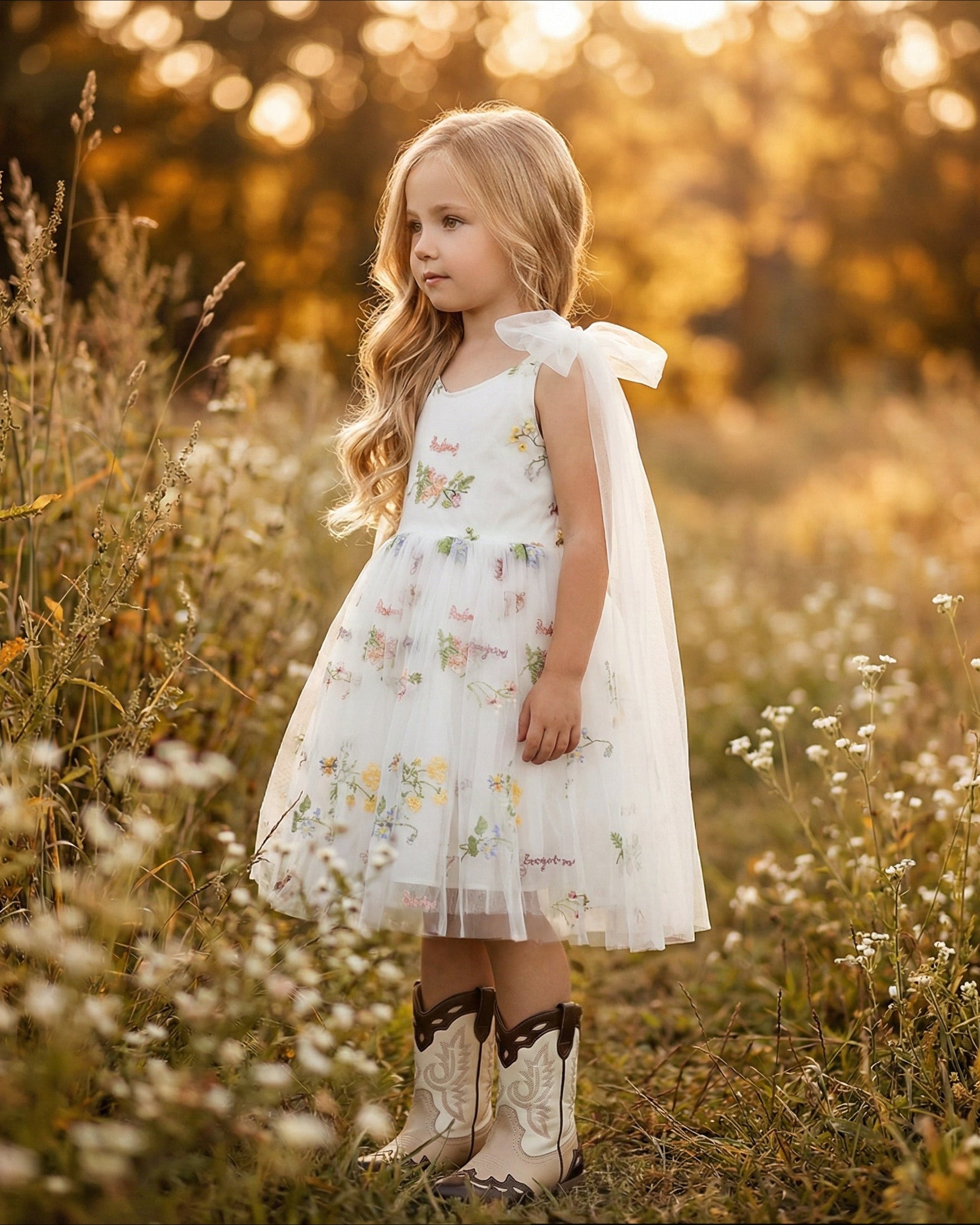 2Bunnies Girls' 12M-10Y Floral Garden Embroidered Tulle Strap Flower Girl Dress Knee 5 / White