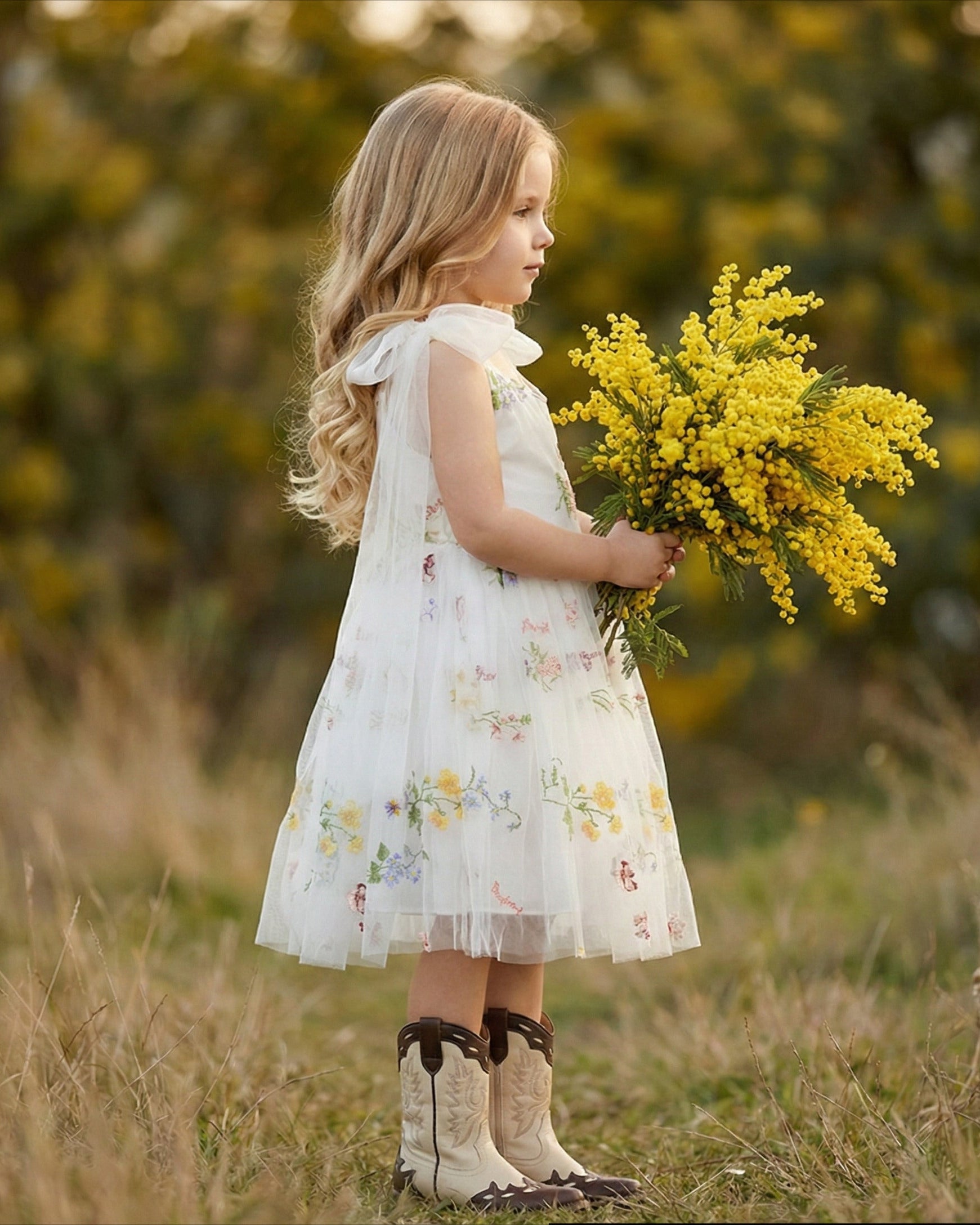 2Bunnies Girls' 12M-10Y Floral Garden Embroidered Tulle Strap Flower Girl Dress Knee 5 / White