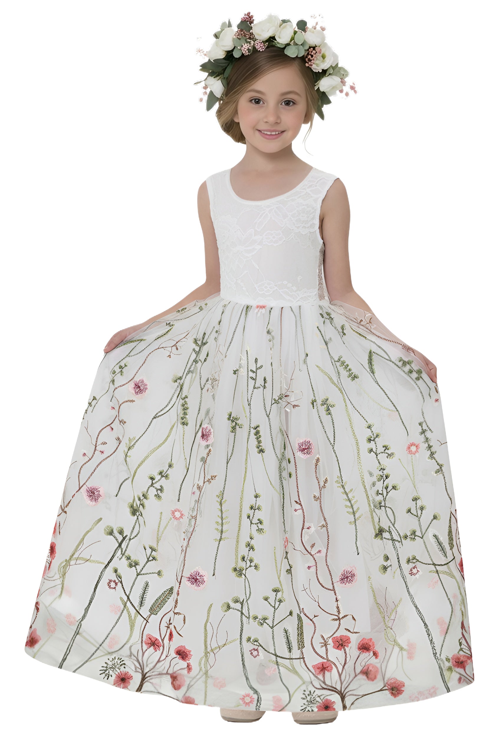 2Bunnies Floral Embroidered Tulle Lace Sleeveless Maxi Flower Girl Dress