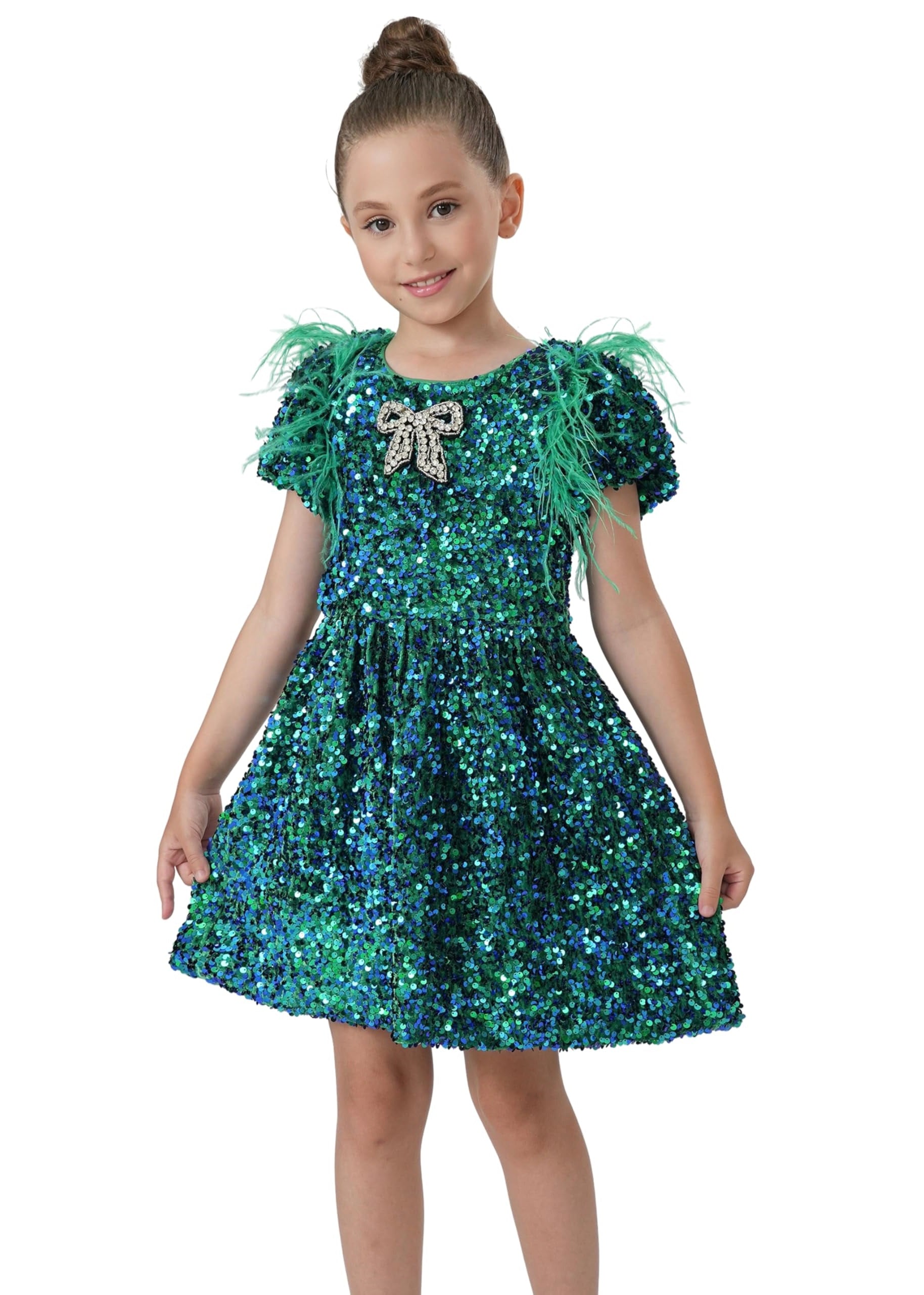 2Bunnies Girls' Christmas Holiday Party Feather Puff Sleeve Velvet Sequin Dress