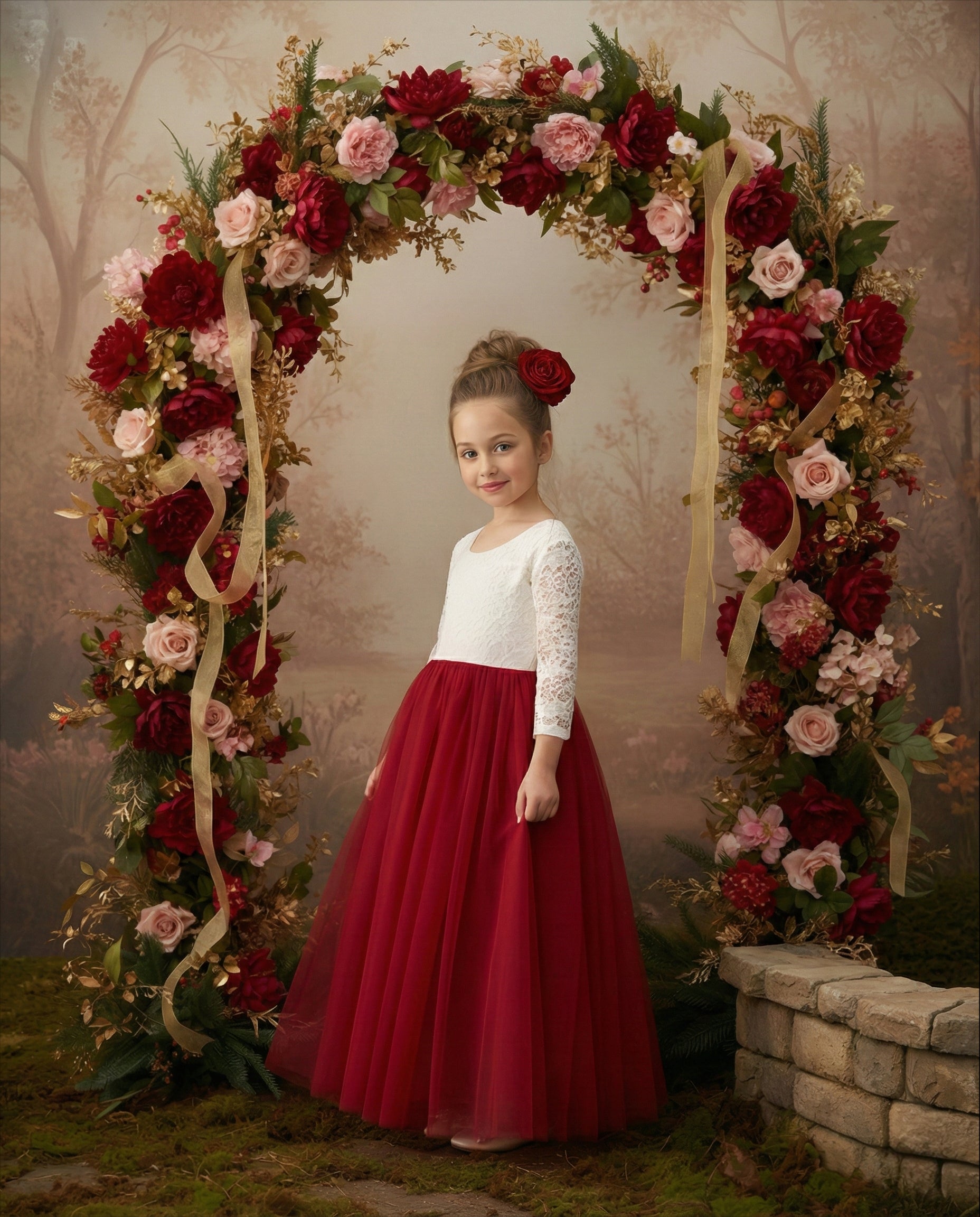 Peony Lace Flower Girl Dress in Burgundy Sleeve Maxi 3T / Orange Peony Lace Flower Girl Dress in Burgundy Sleeve Maxi 3T / Orange