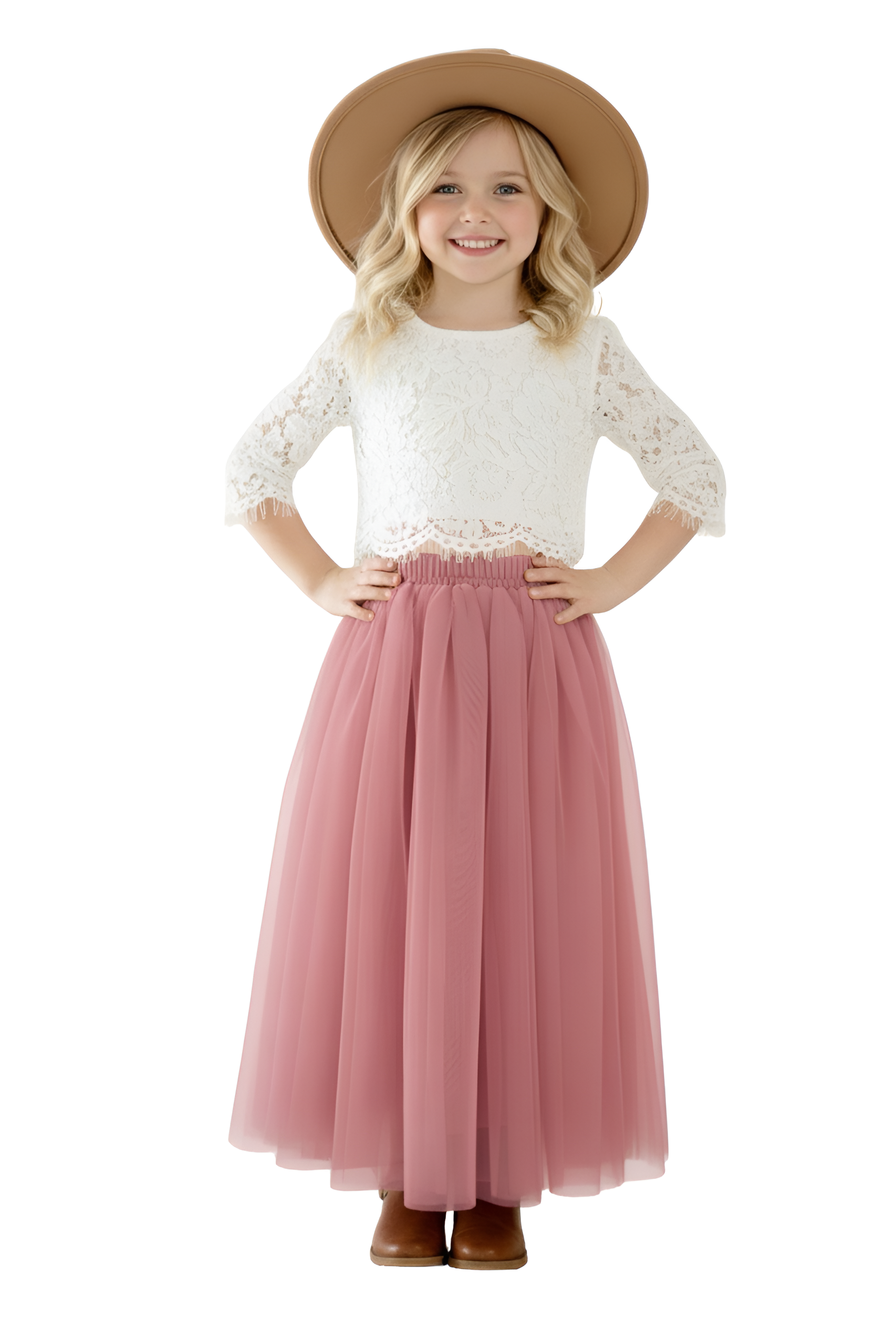Scalloped Lace 2 Piece Girl Dress Set in Dusty Pink