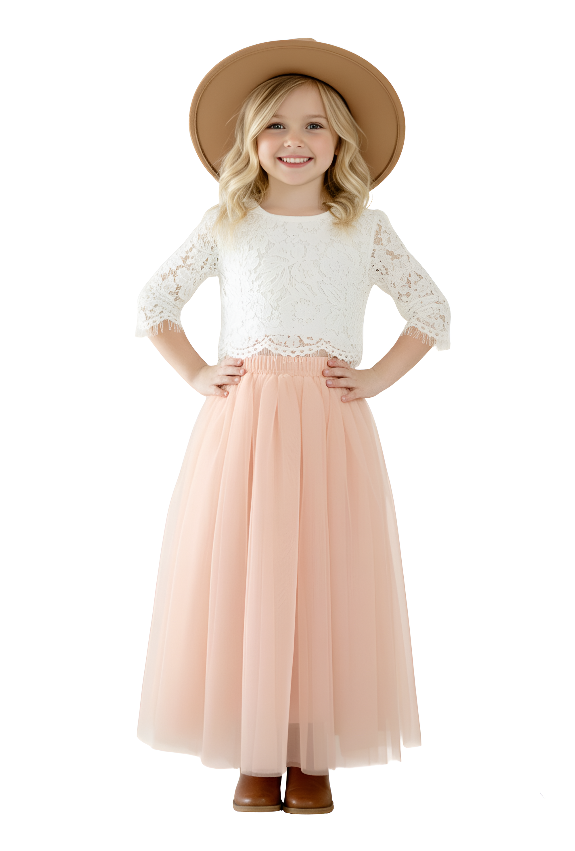 Scalloped Lace 2 Piece Girl Dress Set in Pink