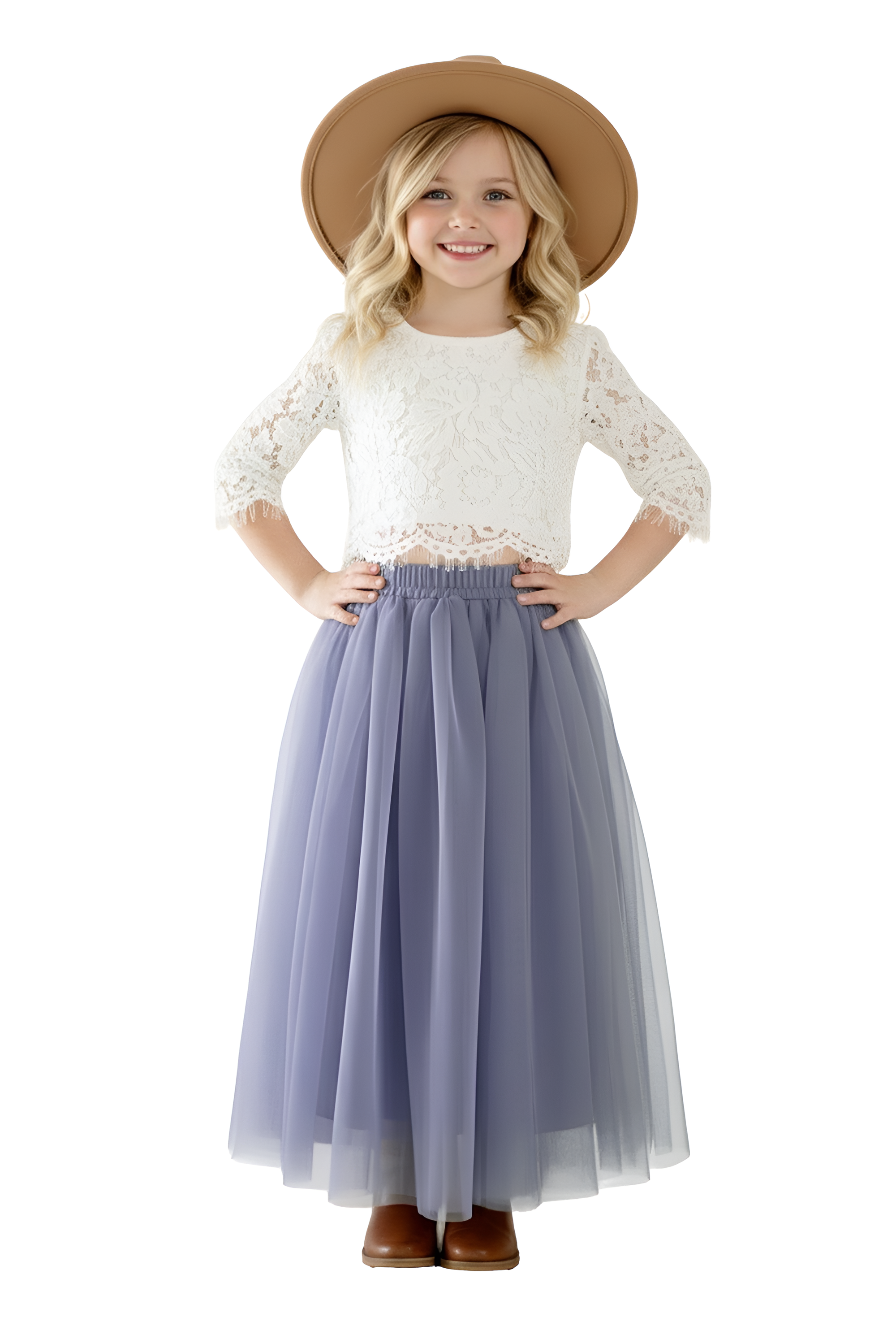 Scalloped Lace 2 Piece Girl Dress Set in Bluish Gray