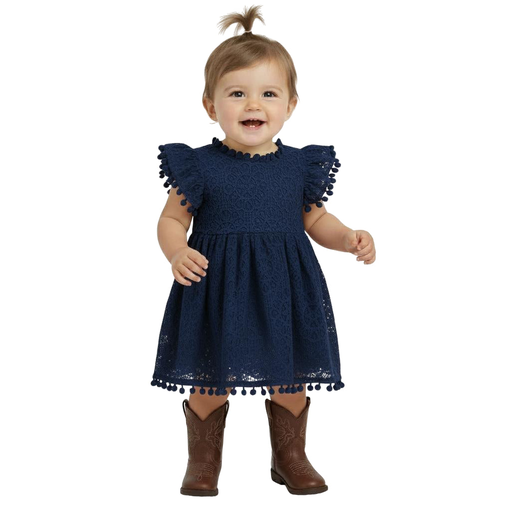 2Bunnies Baby Infant Pom Pom Lace Flutter Sleeve Dress