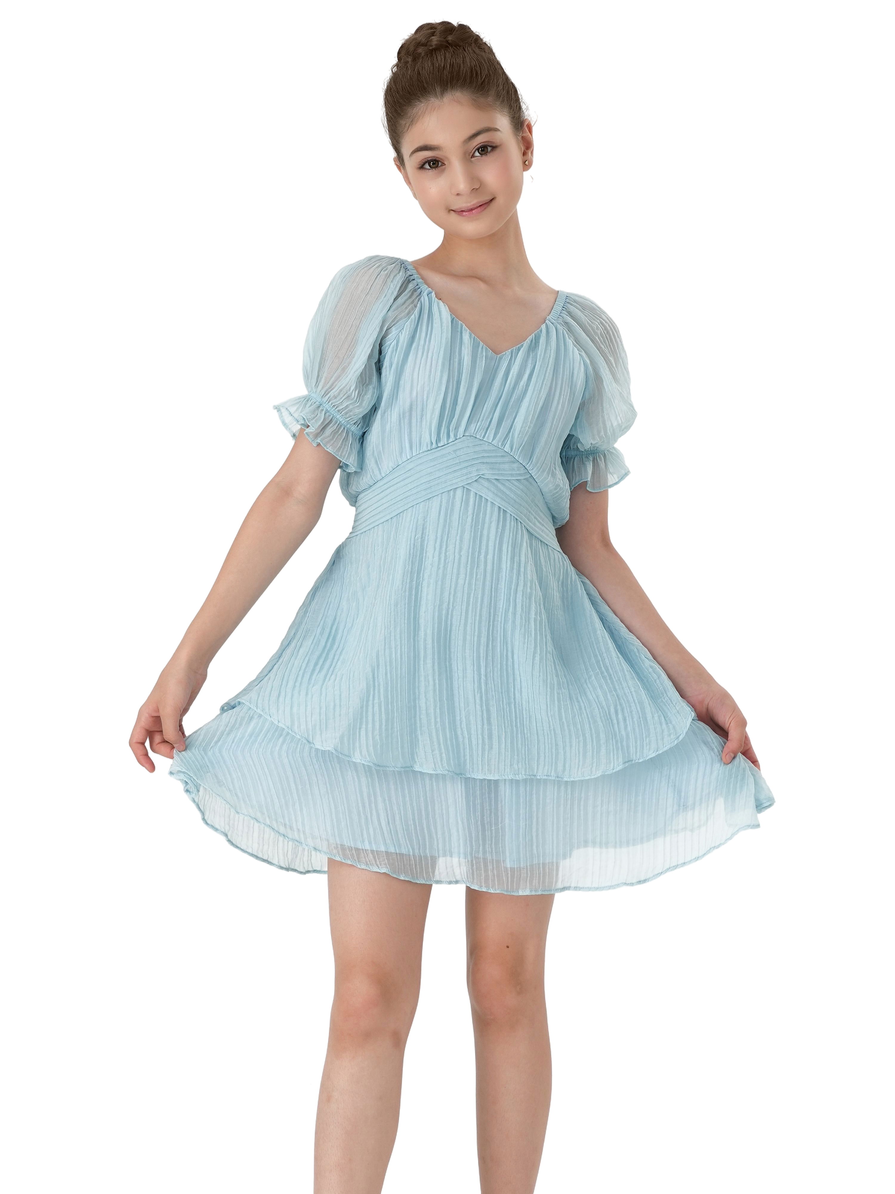 2Bunnies Girls Tween Teen Ruffle Puff Sleeve Mini Dress