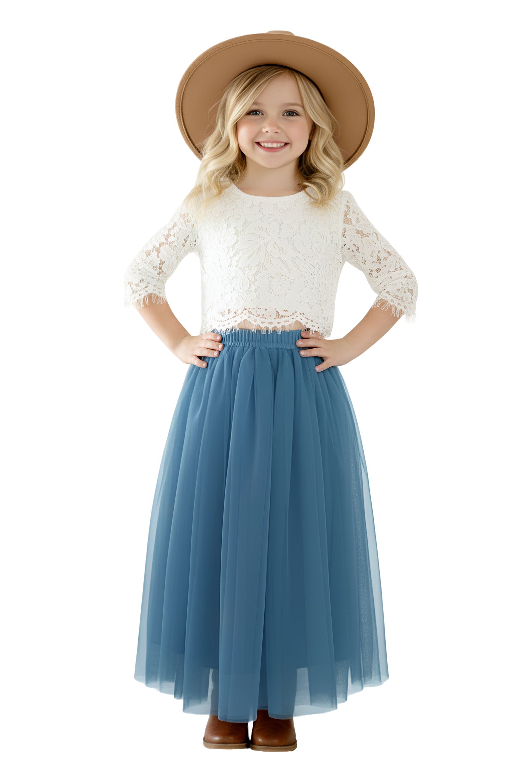 Scalloped Lace 2 Piece Girl Dress Set in Dusty Blue