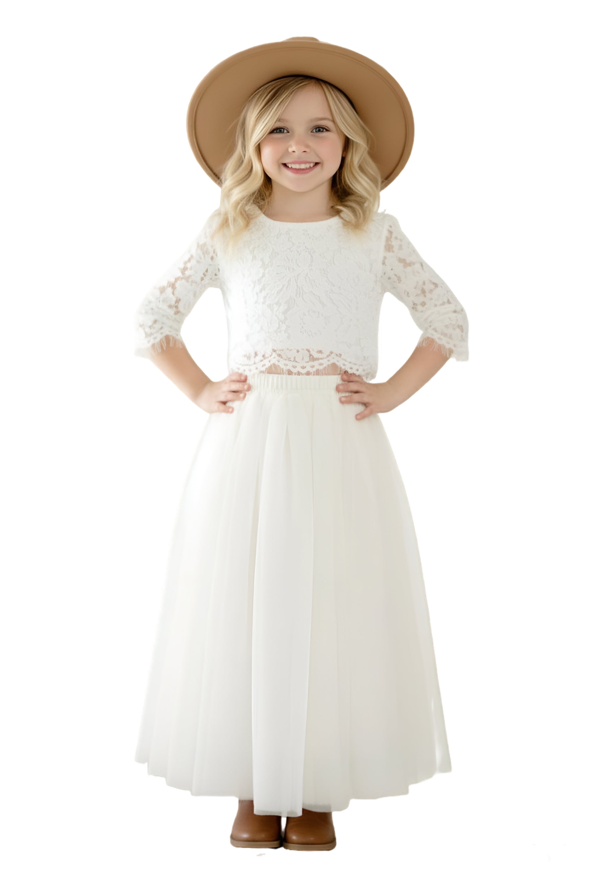 Scalloped Lace 2 Piece Girl Dress Set in White