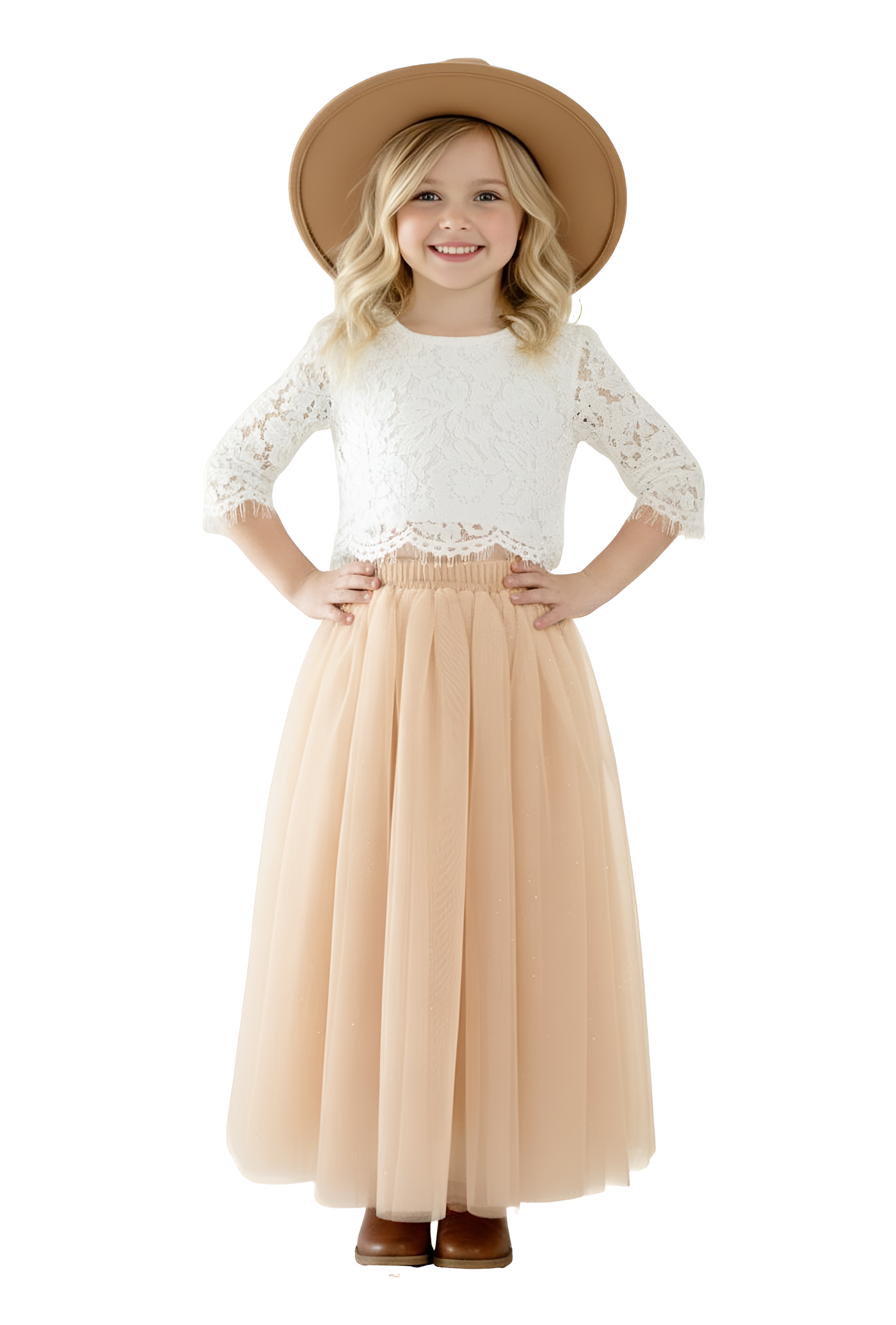 Scalloped Lace 2 Piece Girl Dress Set in Champagne