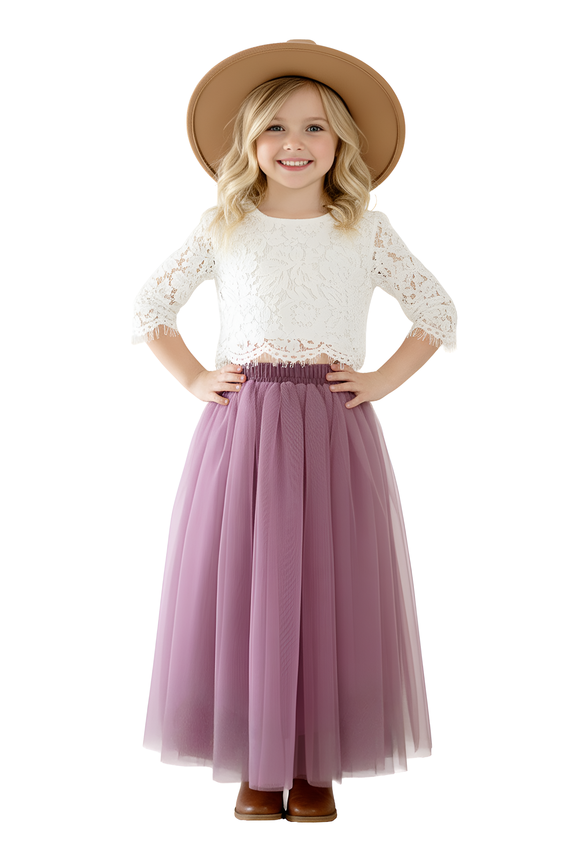 Scalloped Lace 2 Piece Girl Dress Set in Mauve