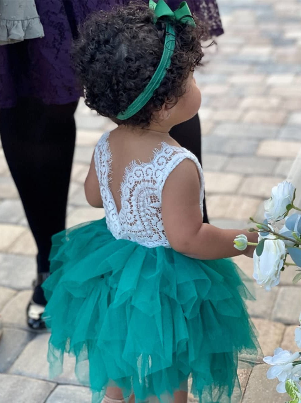 Peony Lace Flower Girl Dress in Green Sleeveless Knee-Length Tiered Tulle A-Line V-Back Scoop