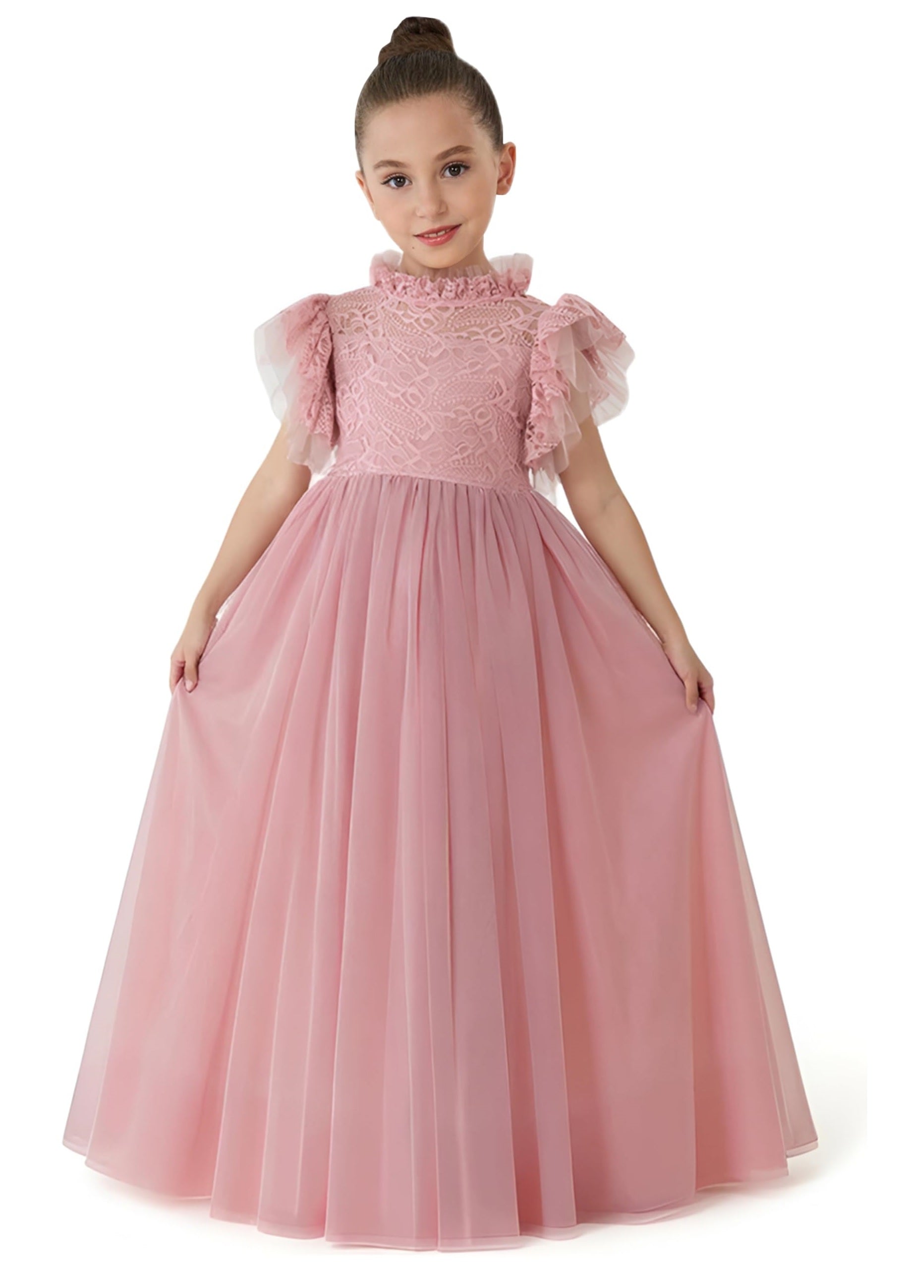 2Bunnies Girl Iris Floral Lace Tulle Flower Girl Dress in Dusty Pink