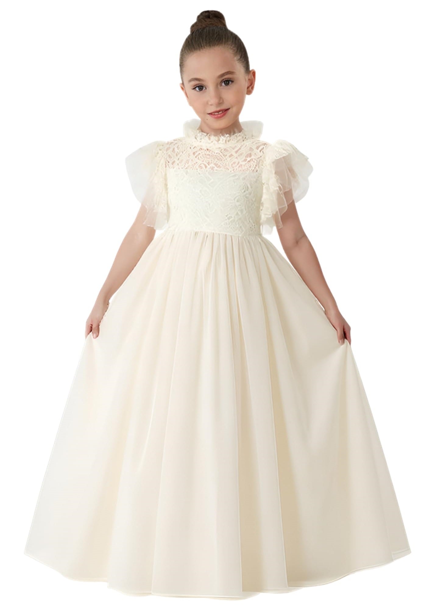 2Bunnies Girl Iris Floral Lace Tulle Flower Girl Dress in Ivory