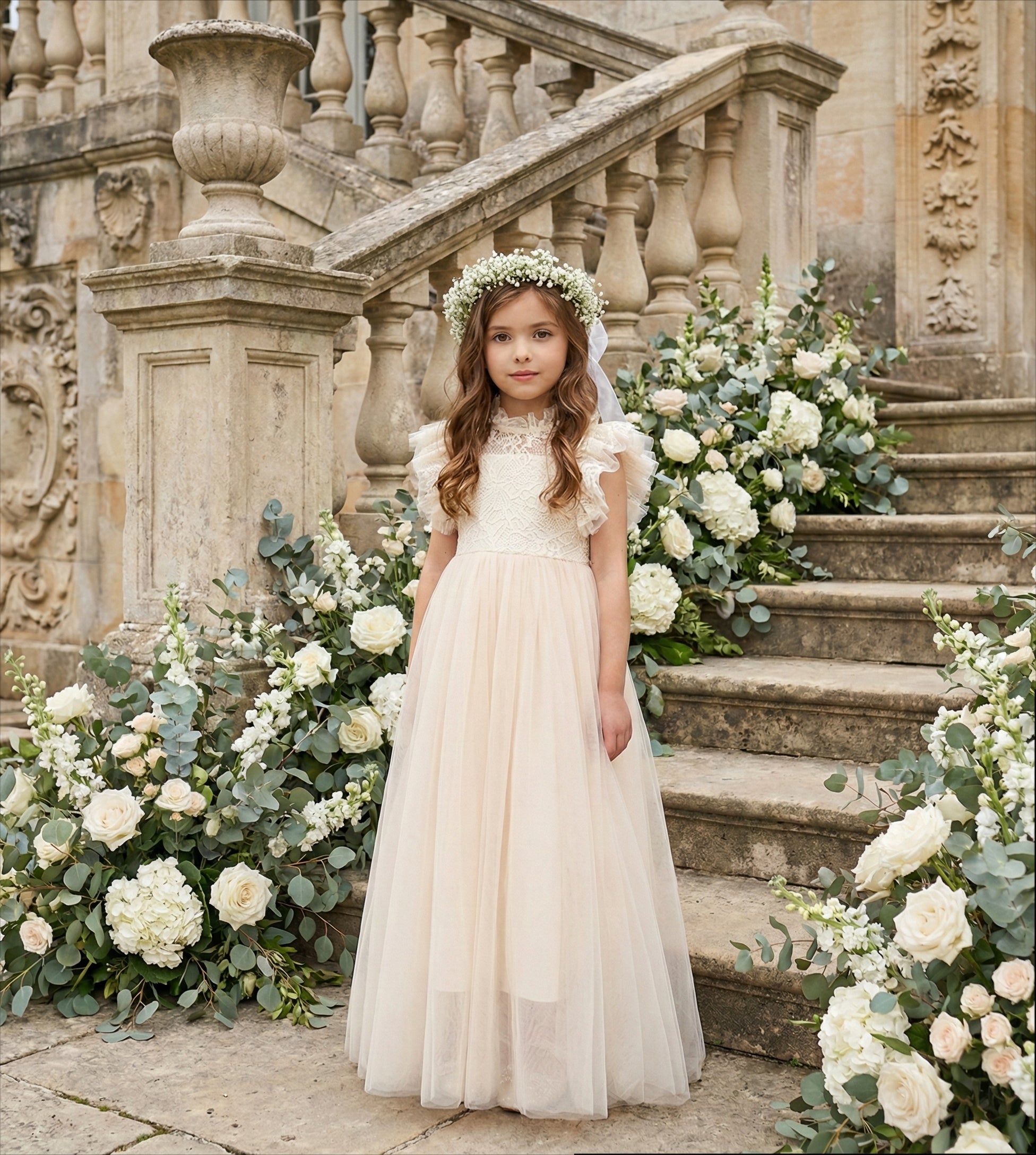 2Bunnies Girls' 3T-10yr Iris Floral Lace Tulle Flower Girl Dress 9-10 years / Ivory