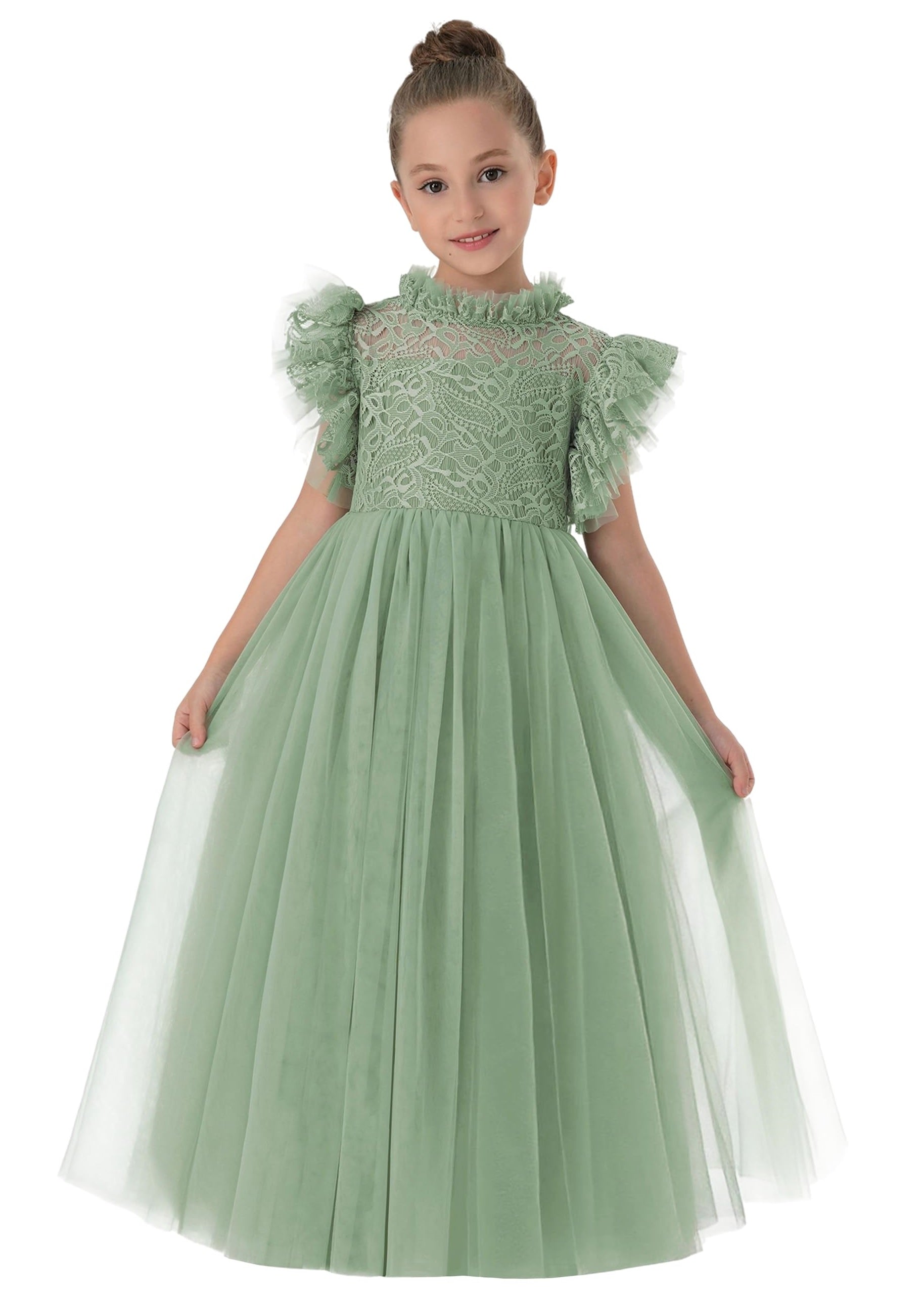 2Bunnies Girl Iris Floral Lace Tulle Flower Girl Dress in Sage