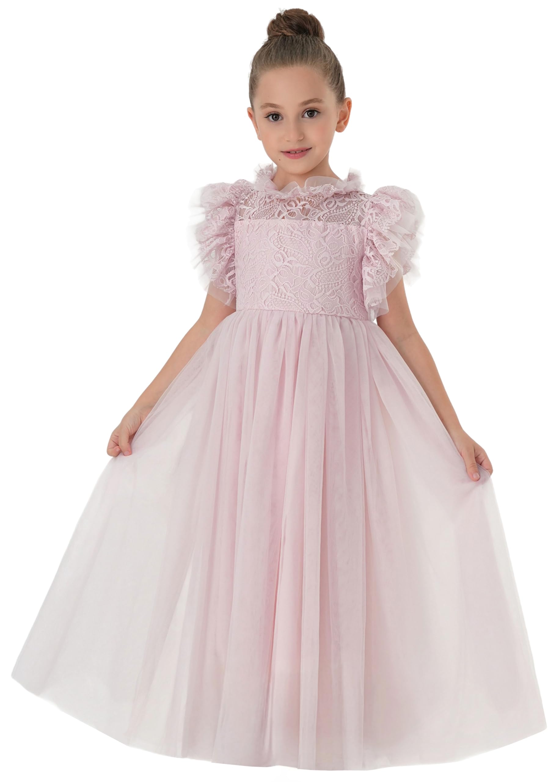 2Bunnies Girl Iris Floral Lace Tulle Flower Girl Dress in Patel Pink