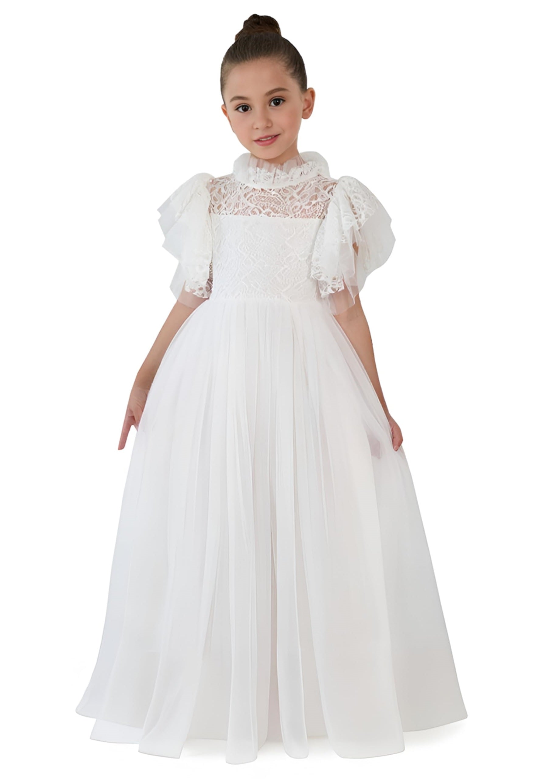 2Bunnies Girl Iris Floral Lace Tulle Flower Girl Dress in White