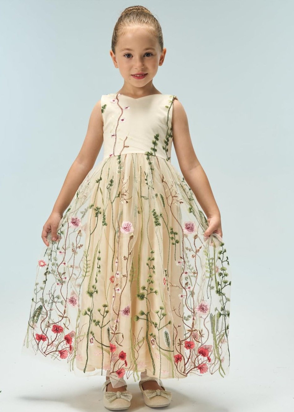 Garden Embroidered Tulle Satin Girl Dress in Ivory