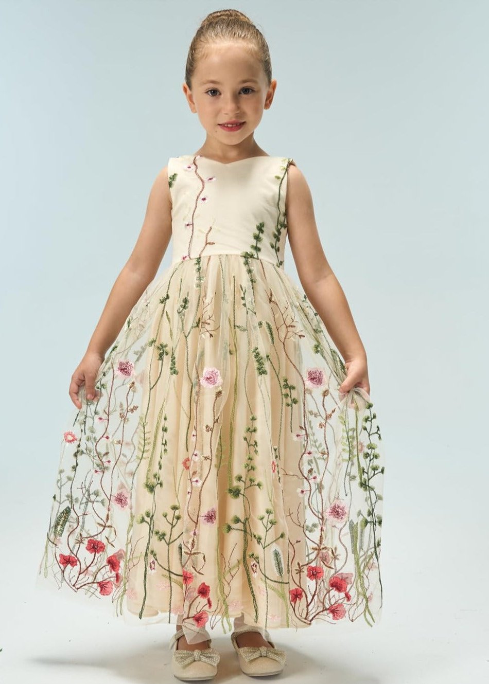 Garden Embroidered Tulle Girl Dress in Ivory