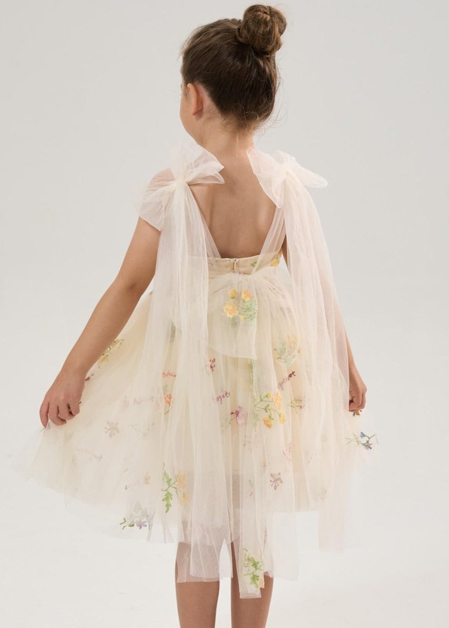 Floral Embroidered Tulle Girl Dress in Ivory Knee