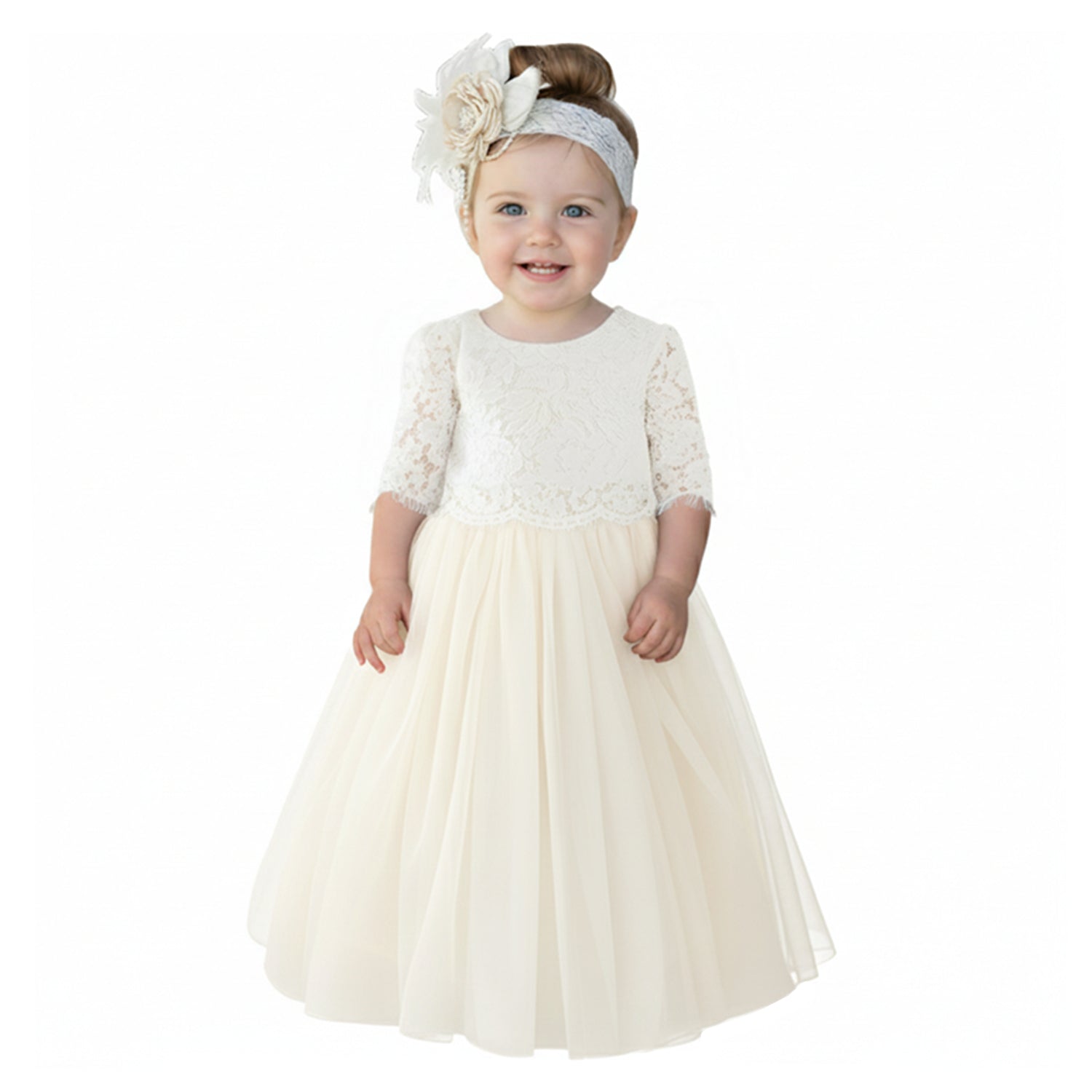 Scalloped Lace 2 Piece Girl Dress Set in Ivory
