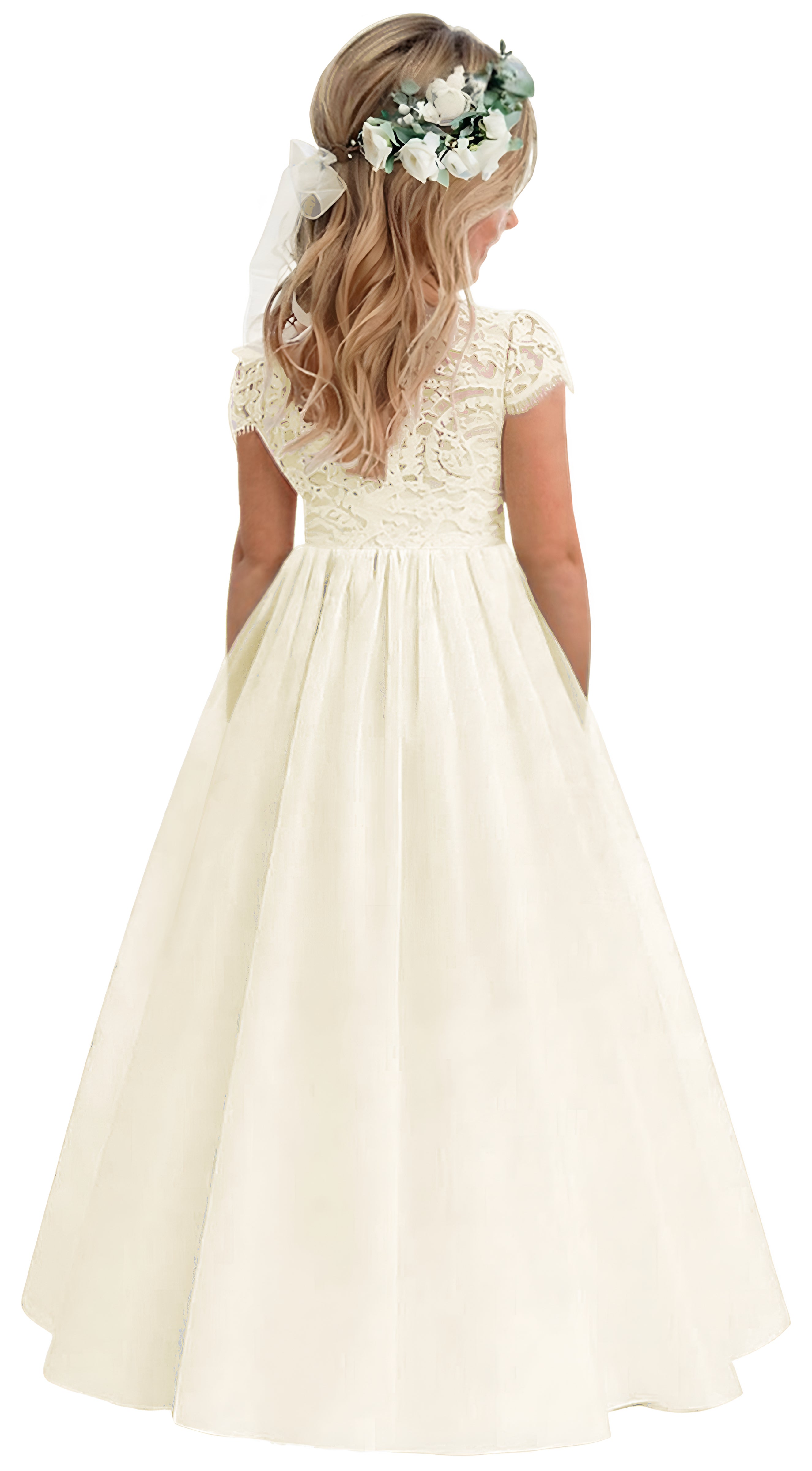 Girls' Paisley Lace Tulle Short Sleeve Maxi Dress in Ivory