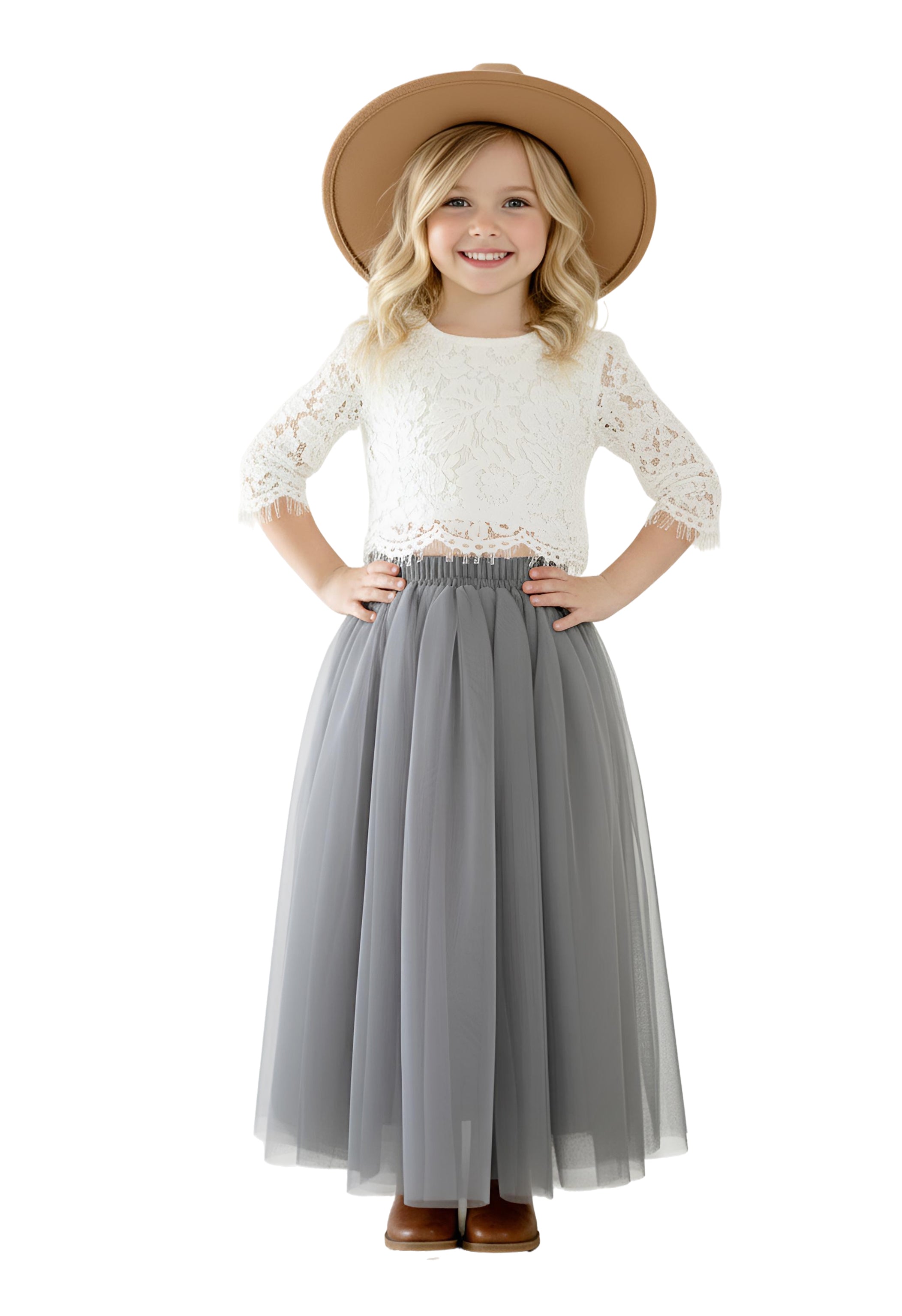 Scalloped Lace 2 Piece Girl Dress Set in Light Gray