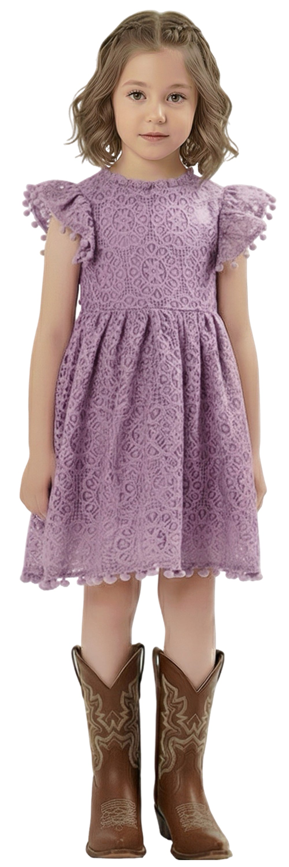 Sunflower Lace Pom Pom Trim Girl Dress in Mauve