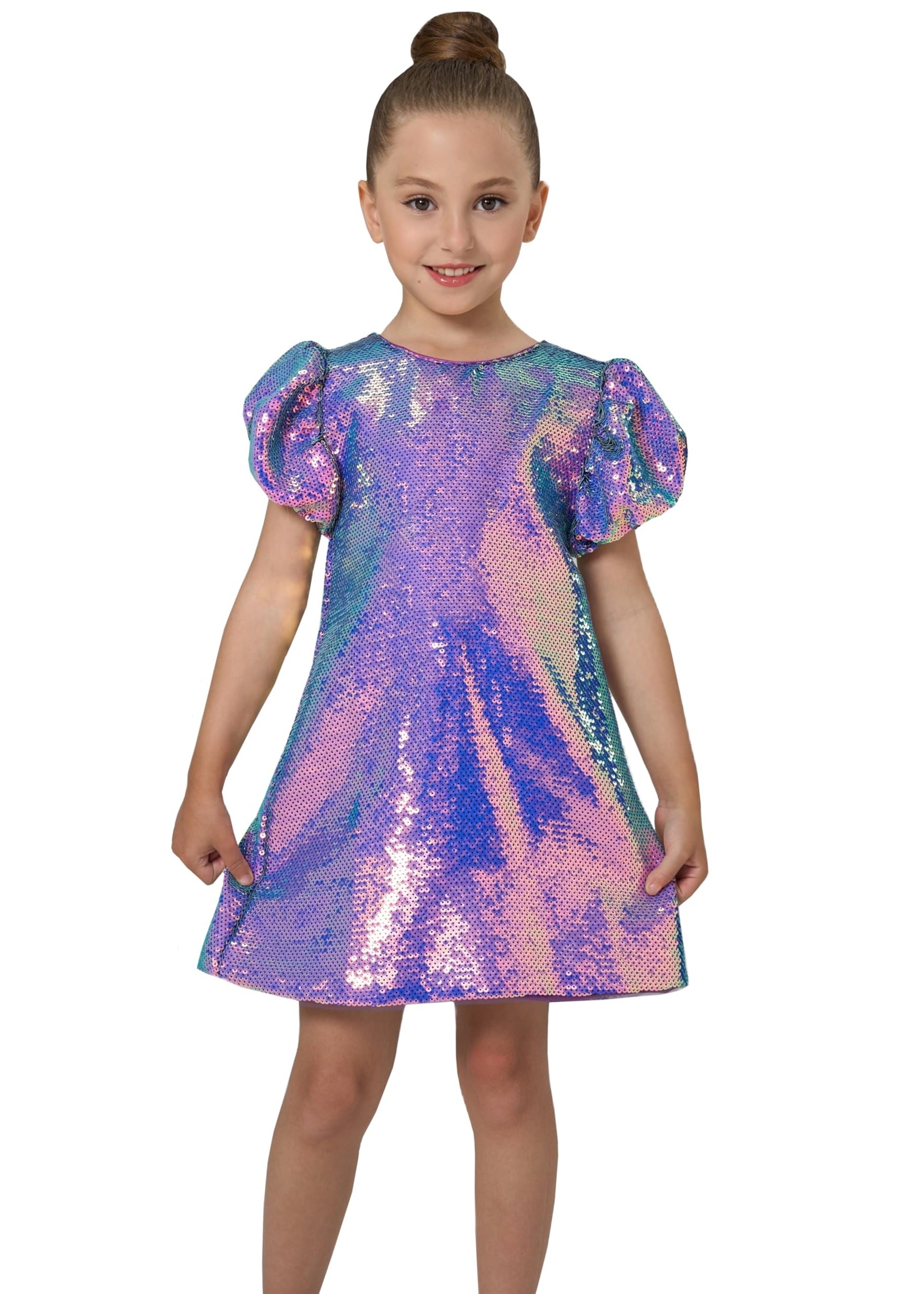2Bunnies Girls Mystic Mermaid Sequin Puff Sleeve Dress