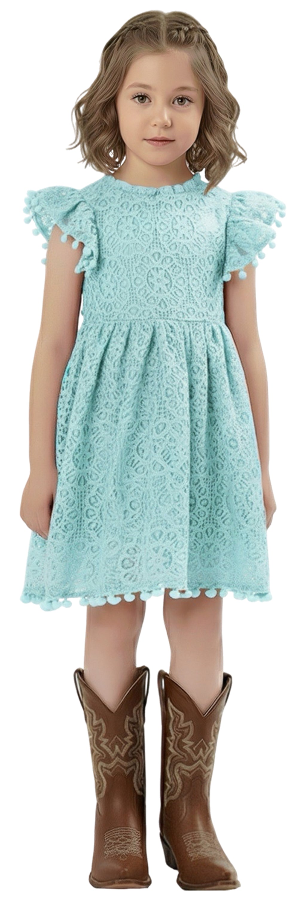 Sunflower Lace Pom Pom Trim Girl Dress in Mint