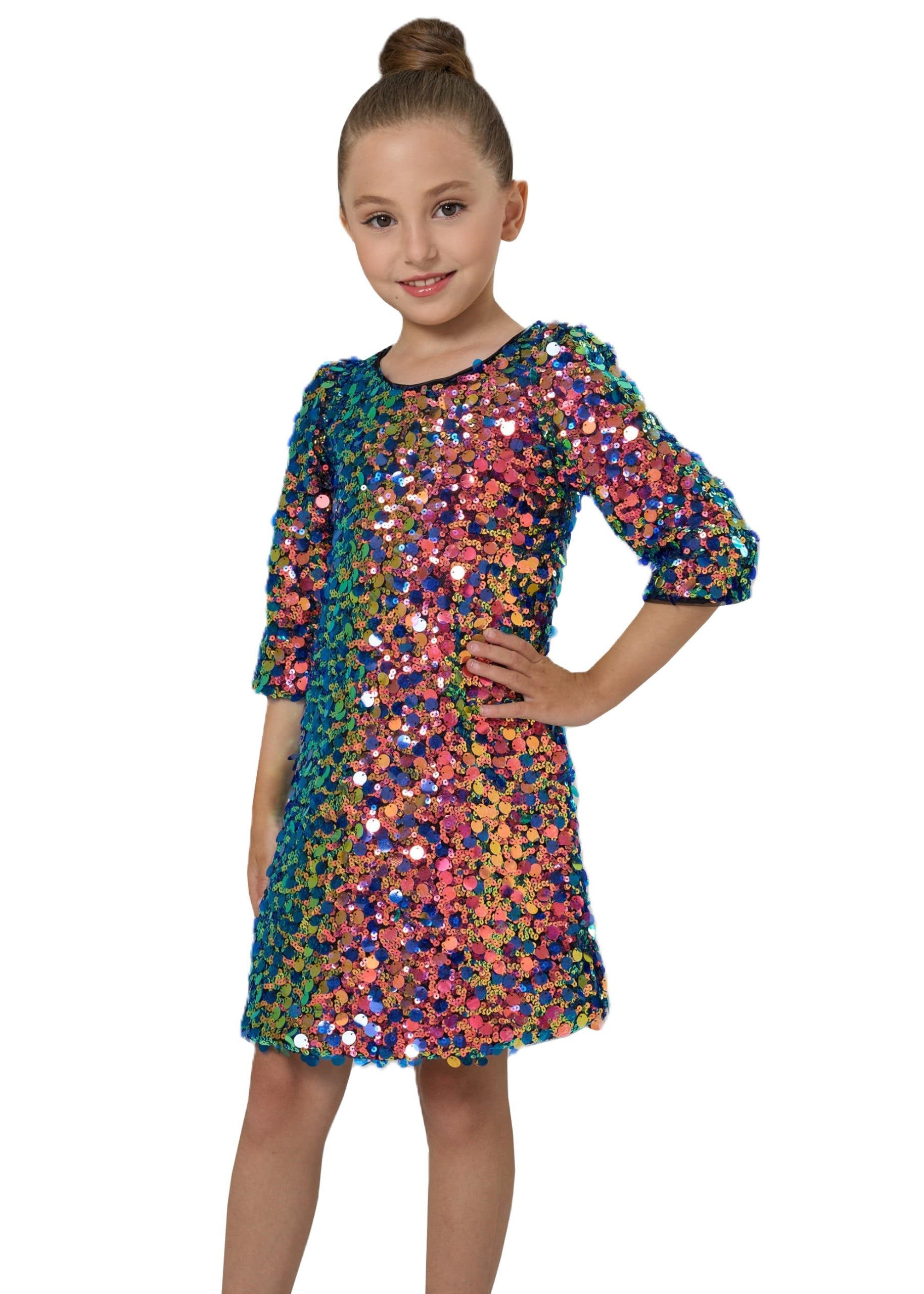 2Bunnies Girls Multicolor Sequin 3/4 Sleeve Dress