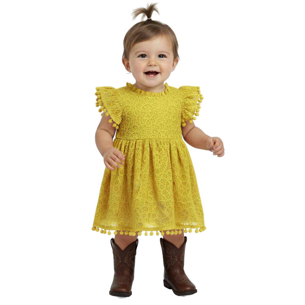 2Bunnies Lace Pom Pom Trim Baby Girl Dress