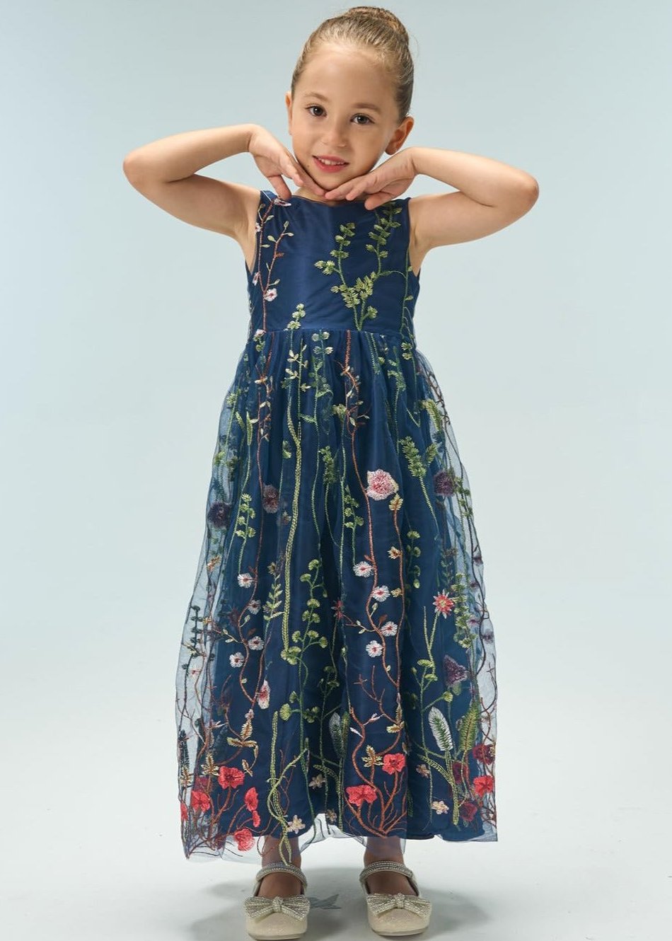 Garden Embroidered Tulle Satin Girl Dress in Navy