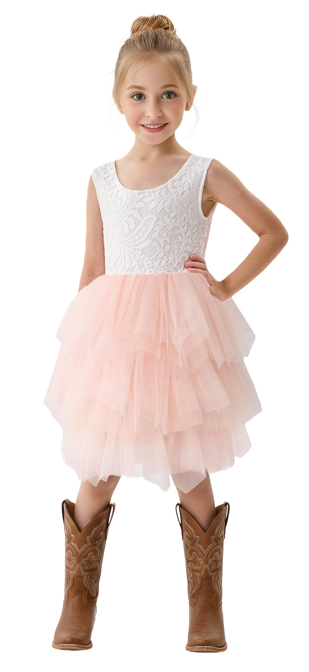 2Bunnies Girls' Peony Lace Tiered Sleeveless Knee Flower Girl Dress in Pink