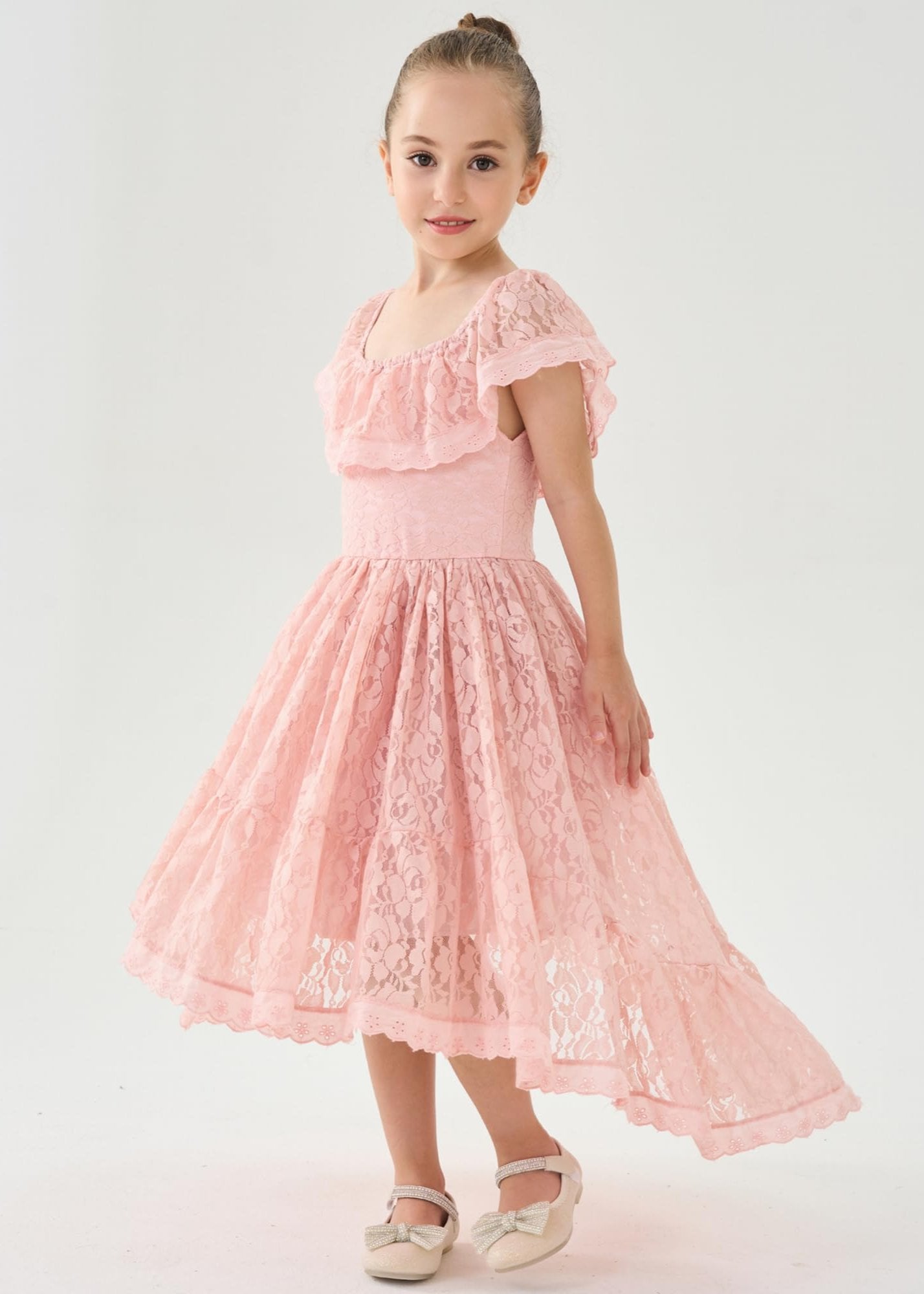 Paisley All Lace Flower Girl Dress in Dusty Pink Off-Shoulder