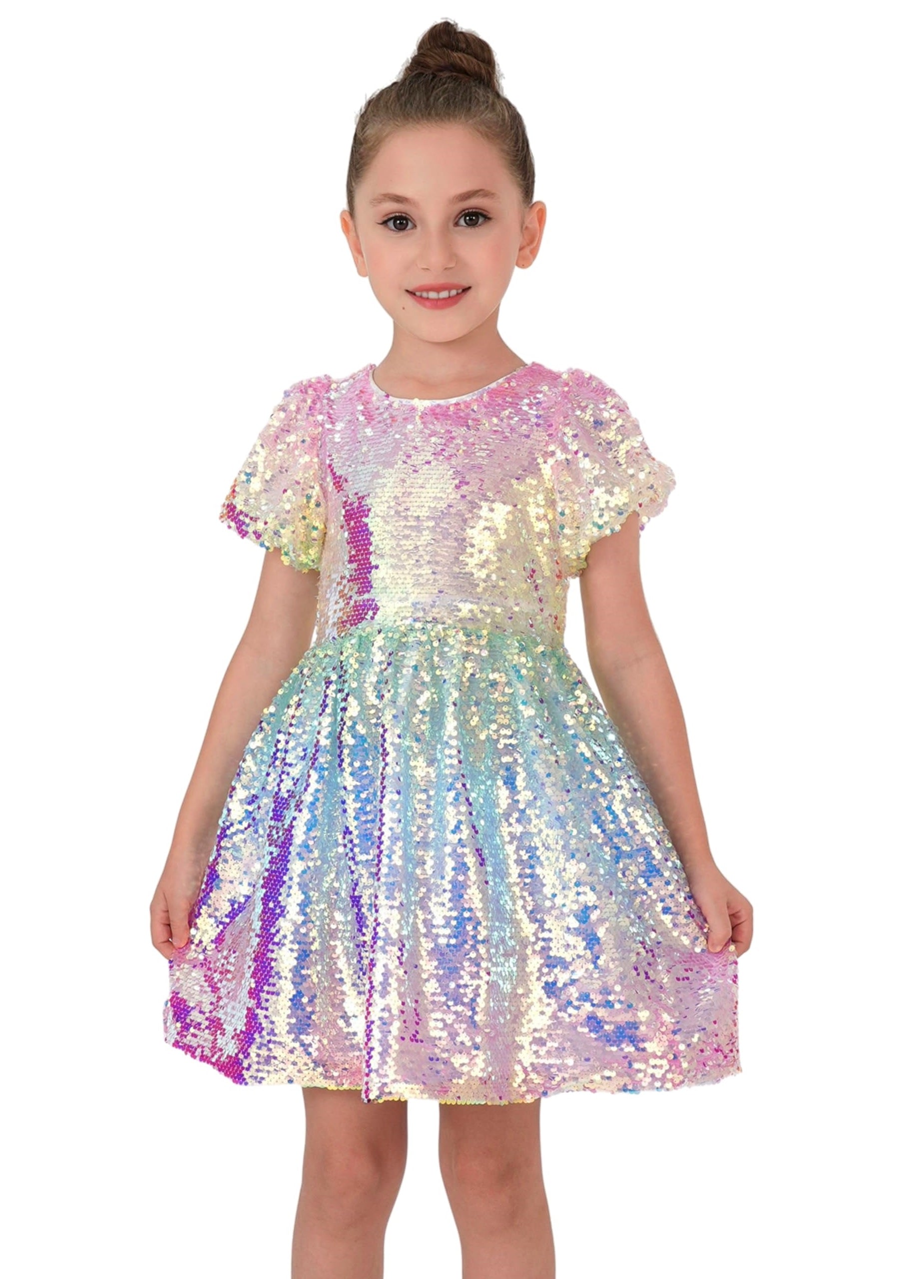 2Bunnies Girls' Ombre Sequin Puff Sleeve Dress