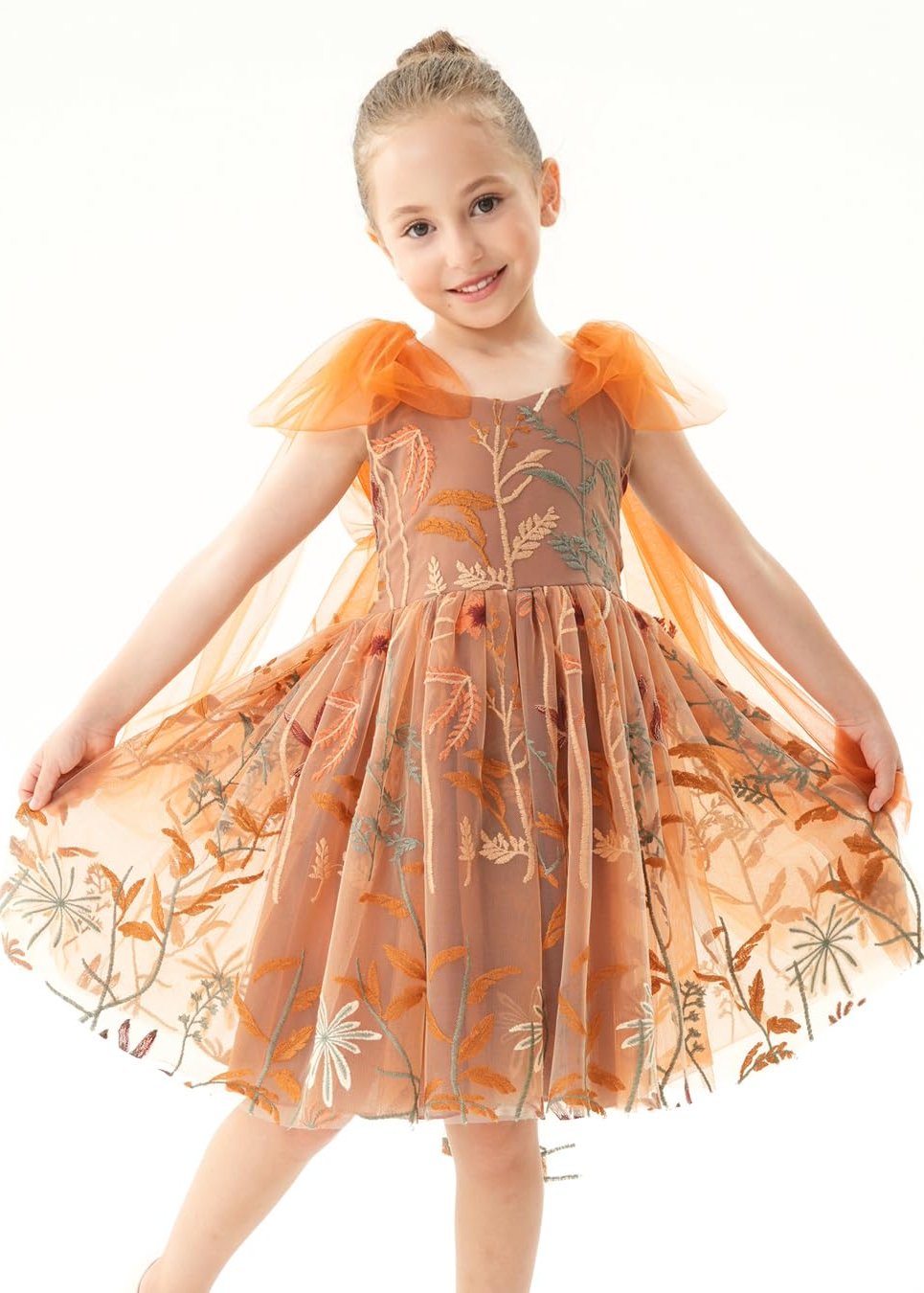 Floral Embroidered Tulle Strap Girl Dress in Orange Knee
