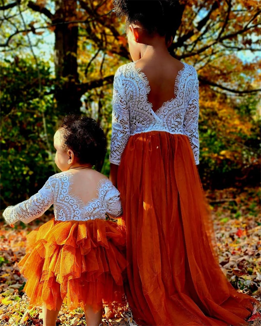 Peony Lace Flower Girl Dress in Burnt Orange Long-Sleeve Floor-Length Tulle A-Line V-Back Scoop - 2BUNNIES