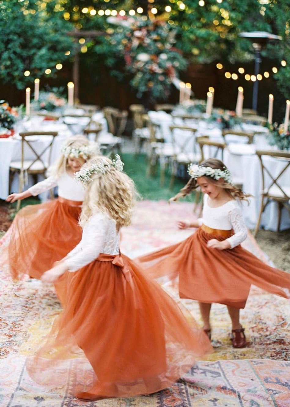 Peony Lace Flower Girl Dress in Burnt Orange Long-Sleeve Floor-Length Tulle A-Line V-Back Scoop - 2BUNNIES