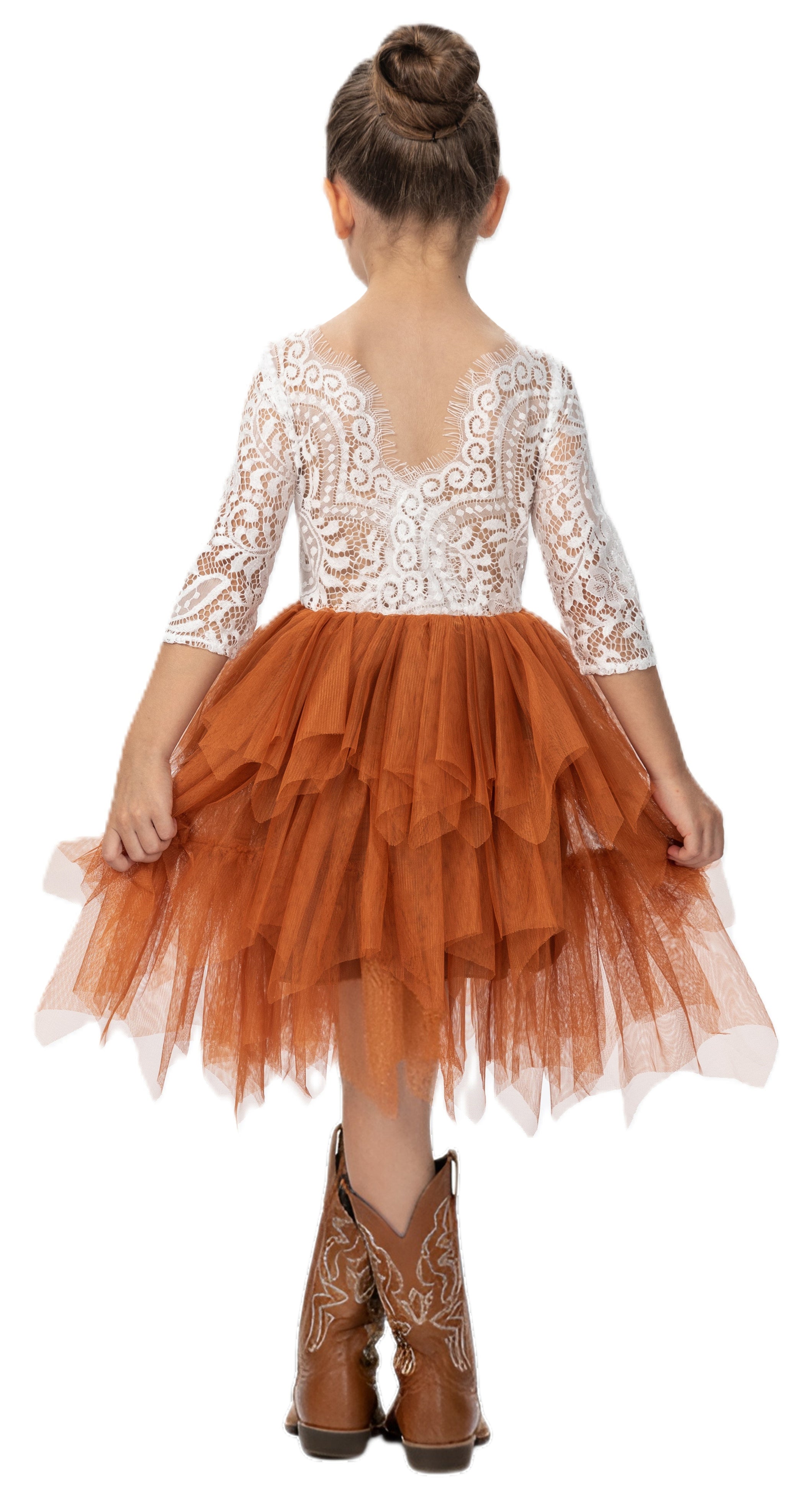 2Bunnies Girls' Peony Lace Tiered 3/4 Sleeve Knee Flower Girl Dress in Burnt Orange