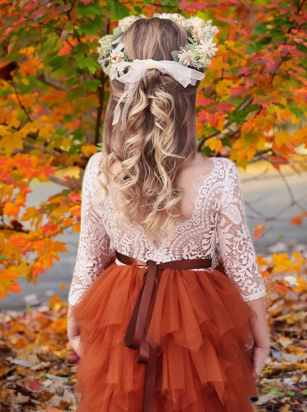 Peony Lace Flower Girl Dress in Burnt Orange Long-Sleeve Knee-Length Tiered Tulle A-Line V-Back Scoop