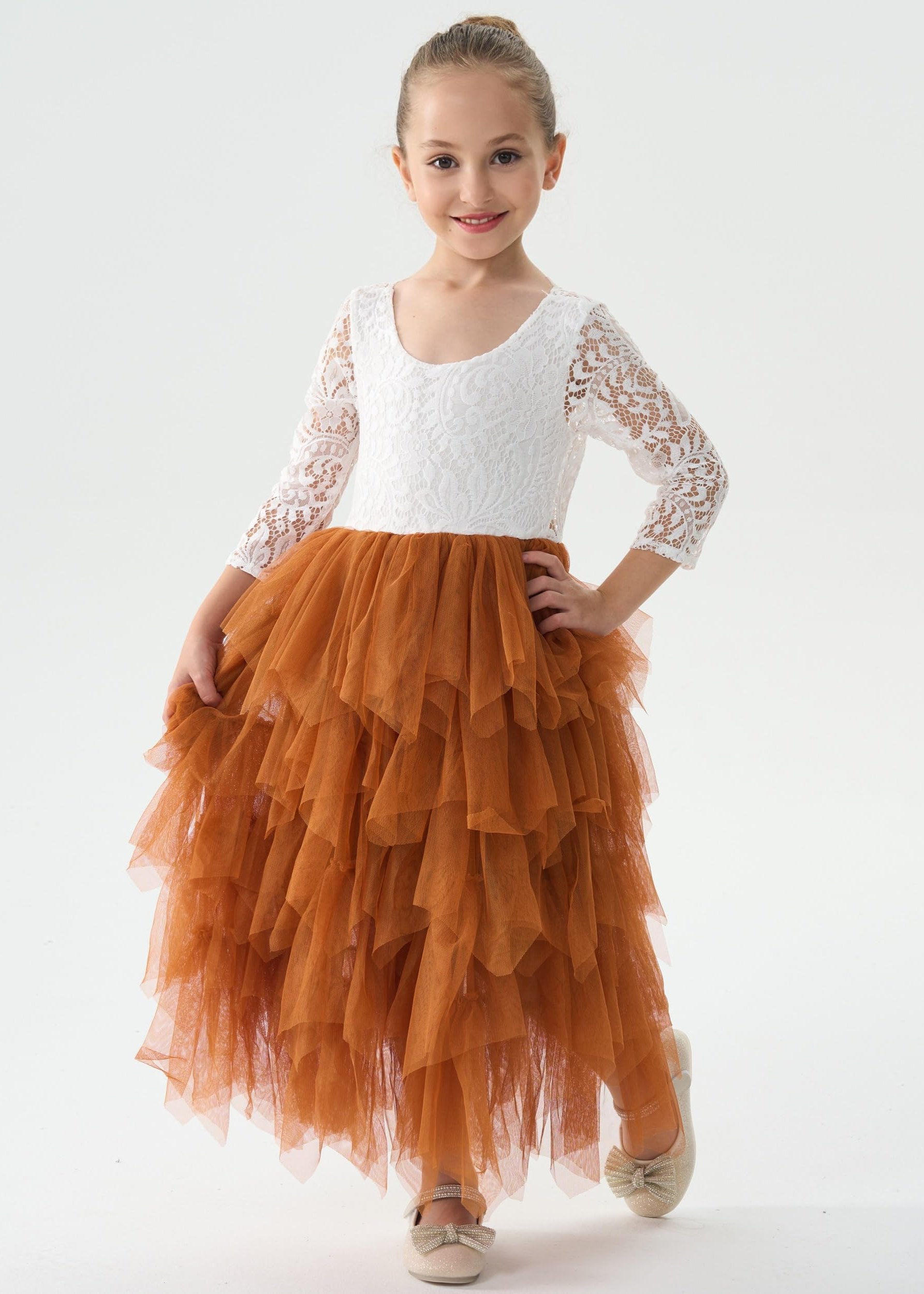 Peony Lace Flower Girl Dress in Burnt Orange (tiered)