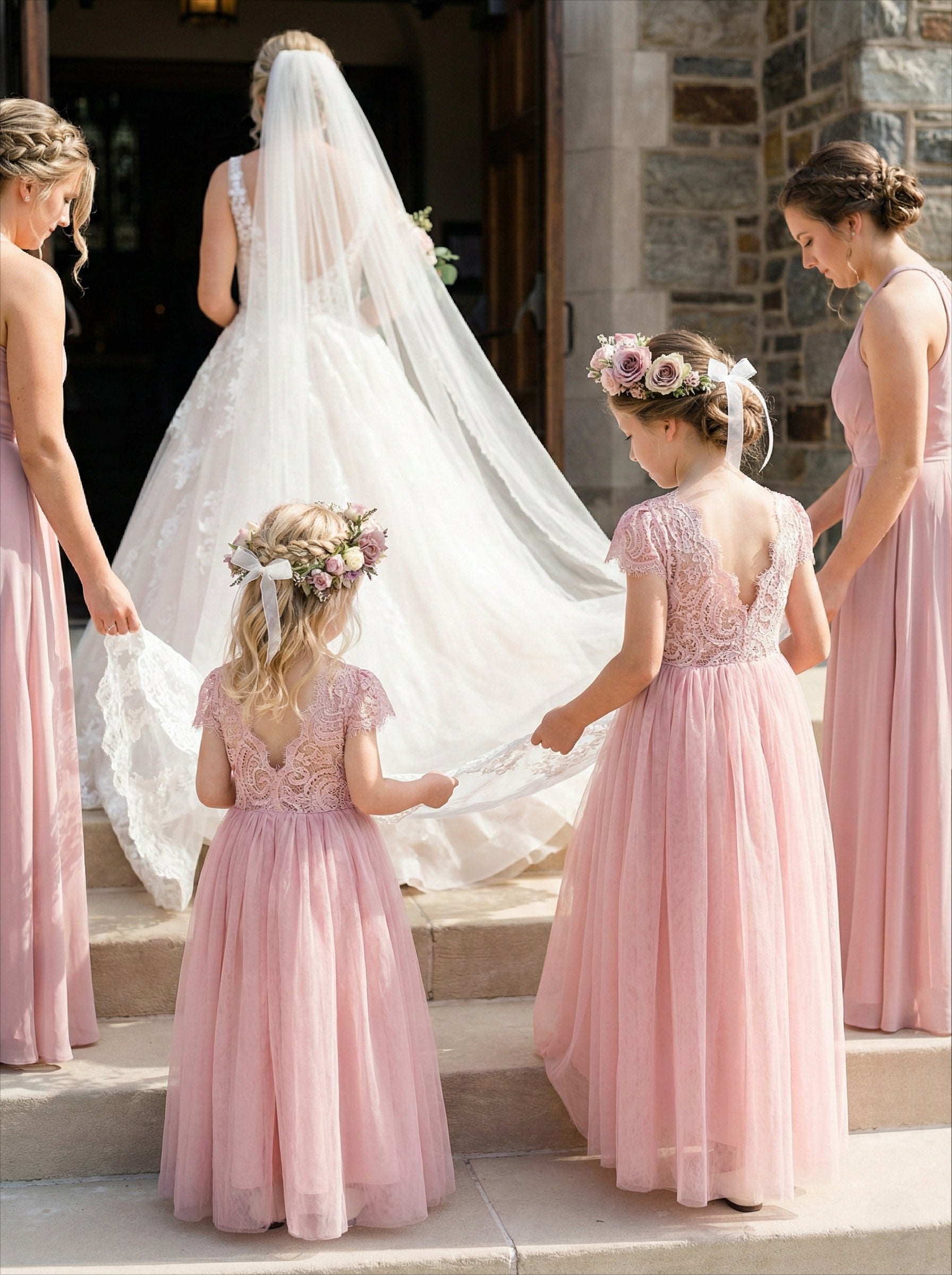 2Bunnies Girls' 12M-12yr Paisley Lace Tulle Short Sleeve Maxi Flower Girl Dress 9-10 years / Pink
